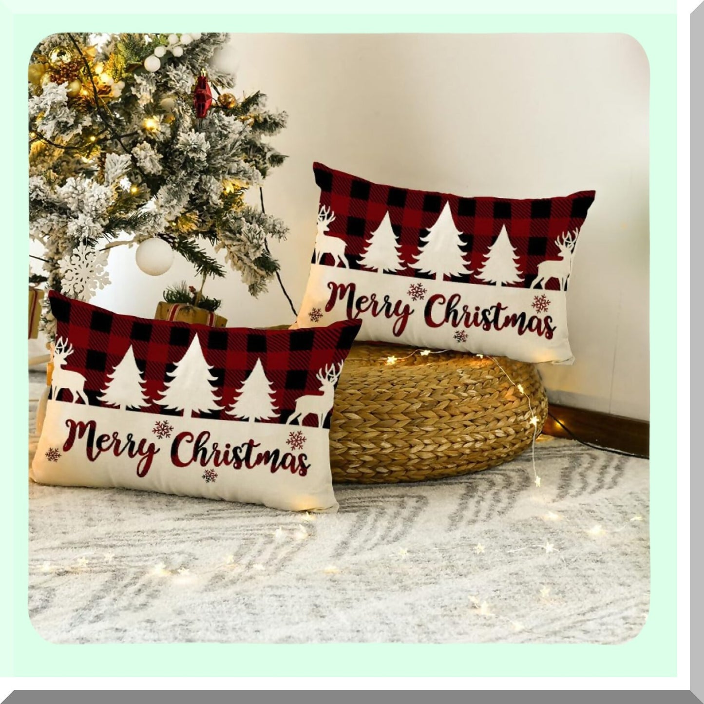 Retro Buffalo Plaid Merry Lumbar Pillowcases - Red Black Xmas Decor - Winter Tree Cushion Covers - Decorative Throw Pillows - 12x20 Inch