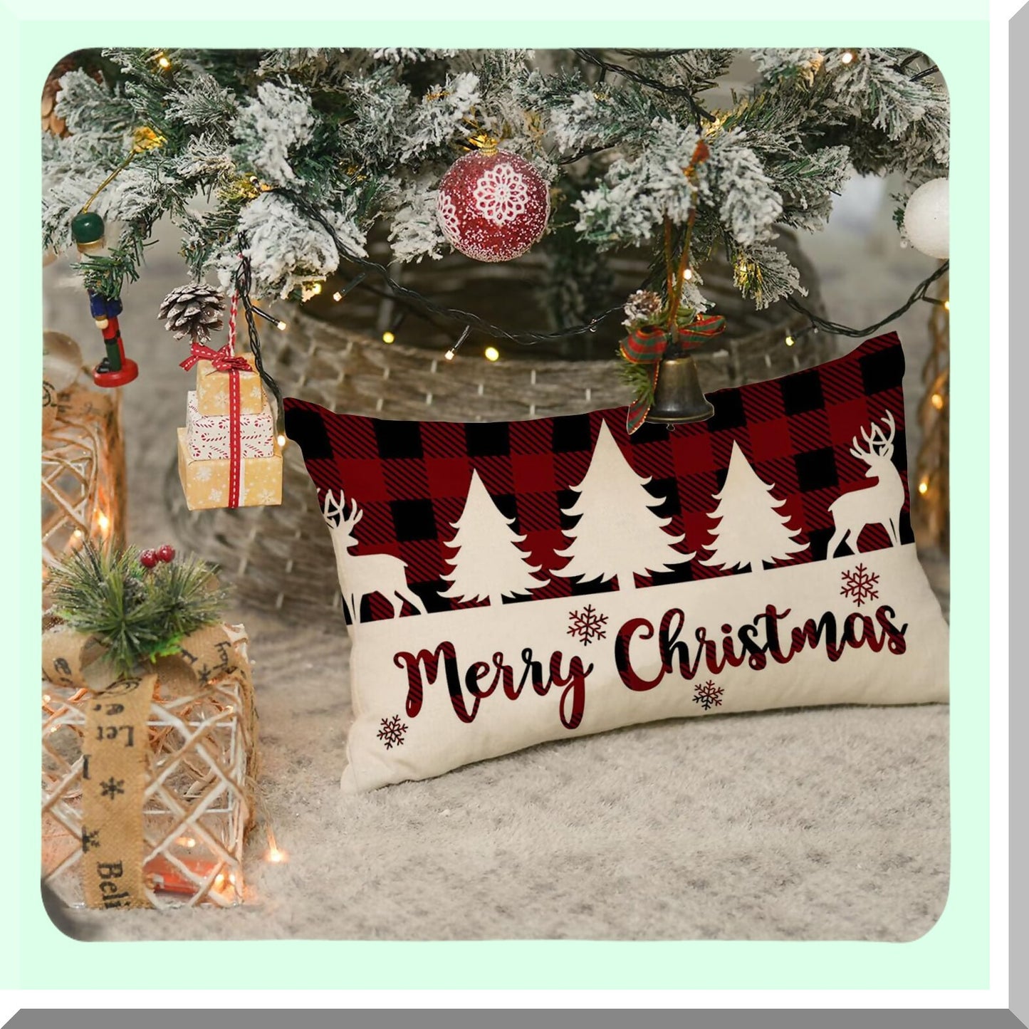 Retro Buffalo Plaid Merry Lumbar Pillowcases - Red Black Xmas Decor - Winter Tree Cushion Covers - Decorative Throw Pillows - 12x20 Inch
