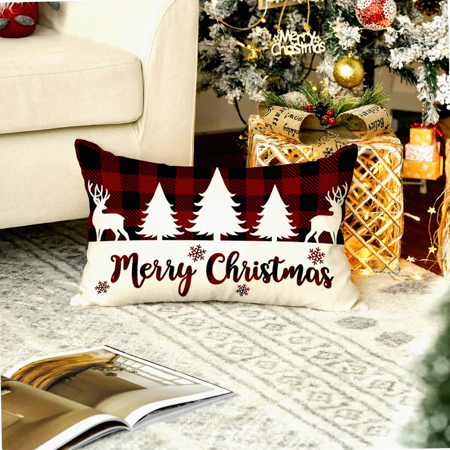 Retro Buffalo Plaid Merry Lumbar Pillowcases - Red Black Xmas Decor - Winter Tree Cushion Covers - Decorative Throw Pillows - 12x20 Inch