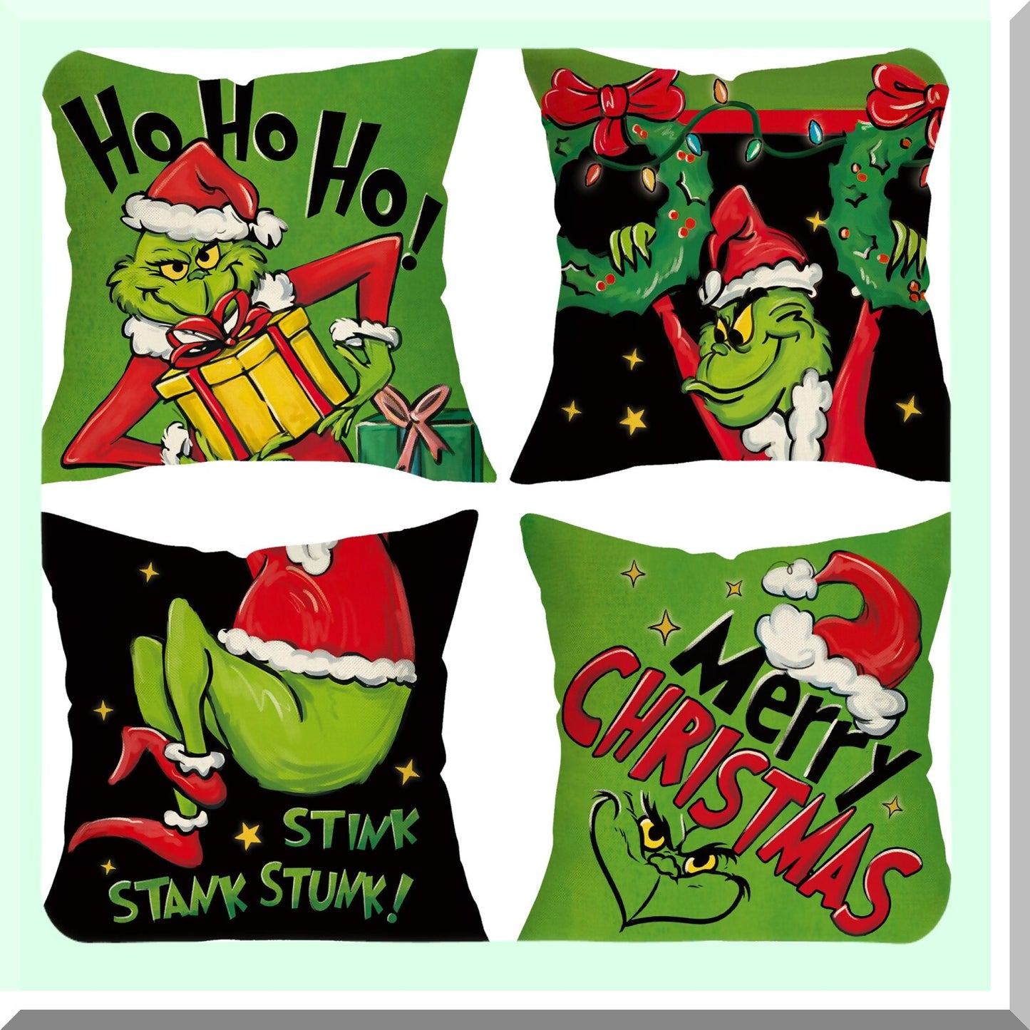 Festive Holiday Cheer Pillow Covers Set - Xmas Wreath Hat Green Black Porch Outdoor Decor - Stink Stank Stunk Funny New Year Cushion Case