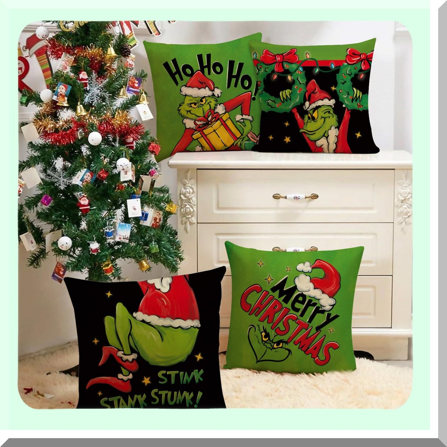 Festive Holiday Cheer Pillow Covers Set - Xmas Wreath Hat Green Black Porch Outdoor Decor - Stink Stank Stunk Funny New Year Cushion Case