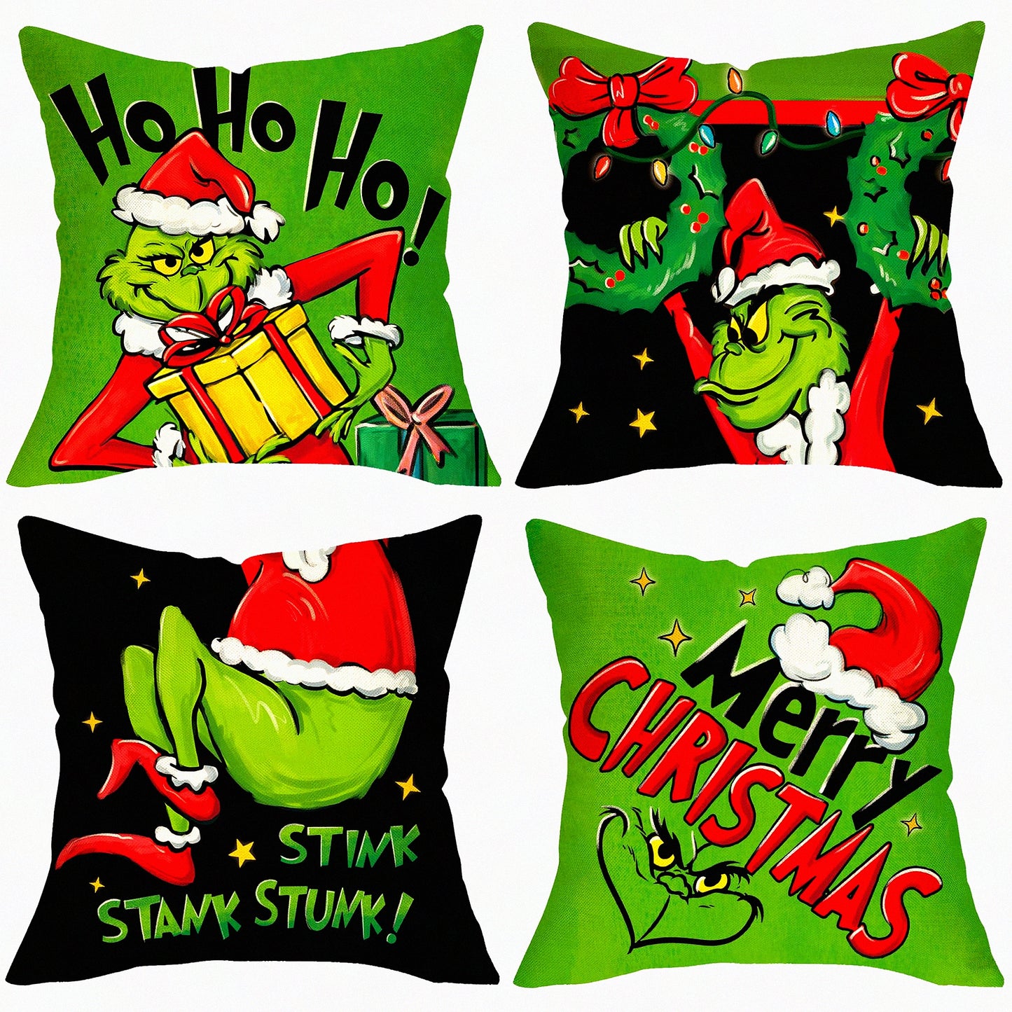 Festive Holiday Cheer Pillow Covers Set - Xmas Wreath Hat Green Black Porch Outdoor Decor - Stink Stank Stunk Funny New Year Cushion Case