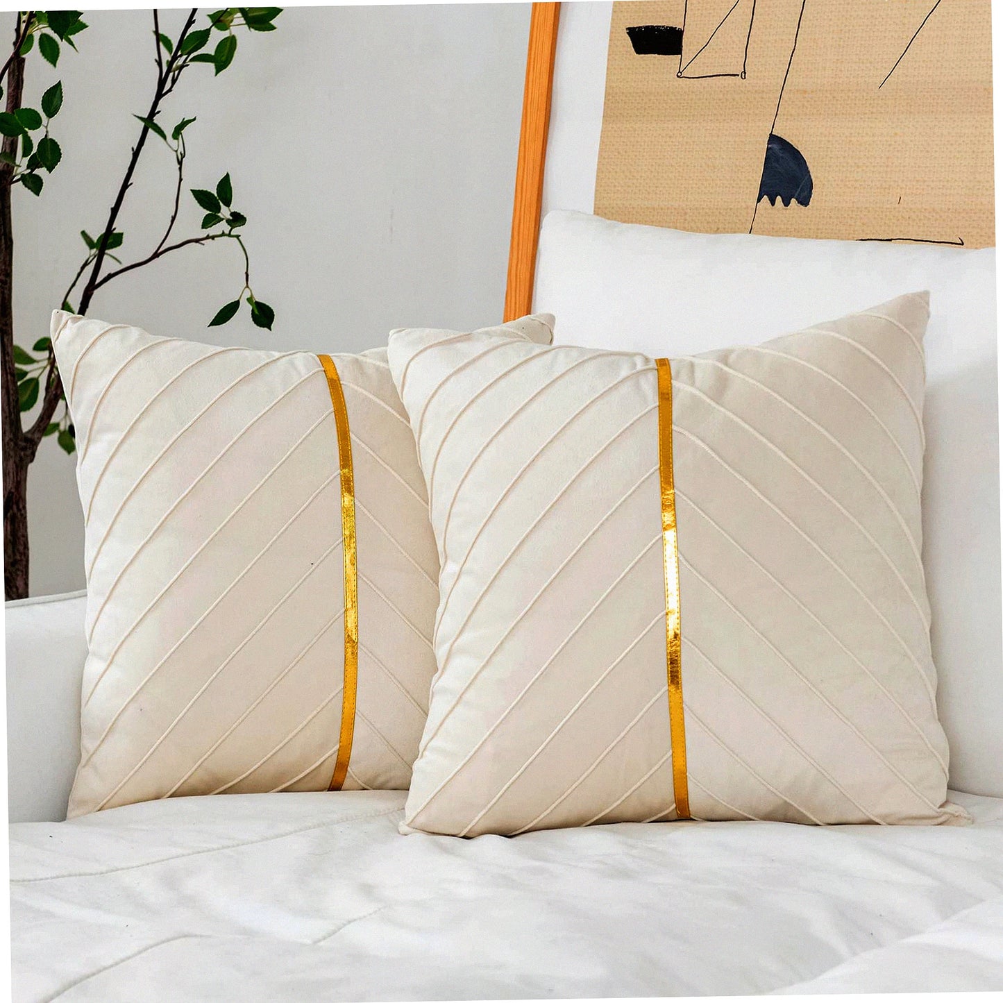 Luxury Gold Velvet Pillow Covers - Set of 2 Soft Decorative Cushion Cases for Couch Sofa, Cream White 18x18 inch - Elegant Home Decor Accent
