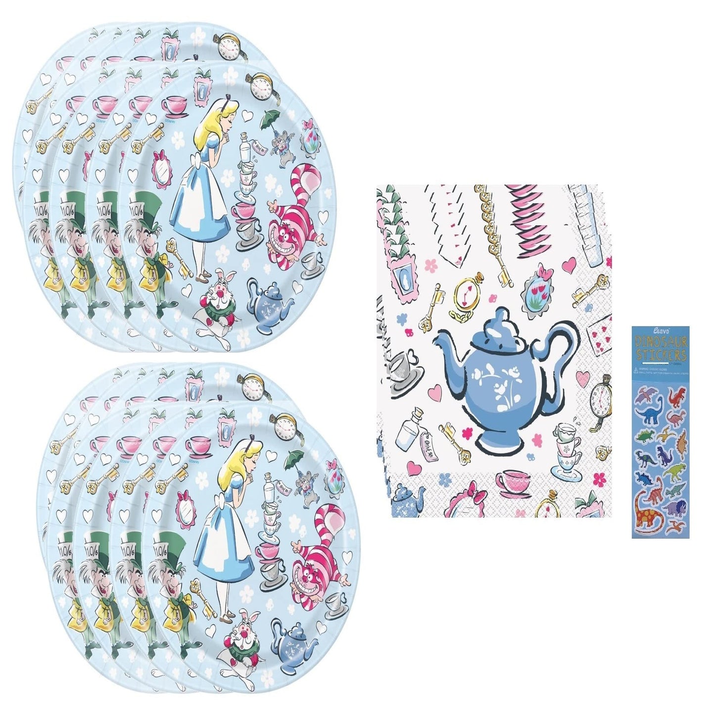 Wonderland Party Pack for 16 - Includes Dessert Plates, Napkins, Dinosaur Sticker Sheet - Perfect for Alice in Wonderland Themed Parties!