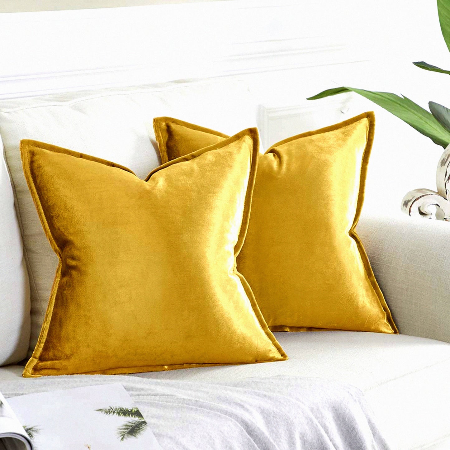 Luxury Gold Velvet Square Pillow Covers - Set of 2 | Decorative Throw Pillow Cases for Couch Sofa - 16x16 Inches | Soft & Stylish Home Decor Accessory