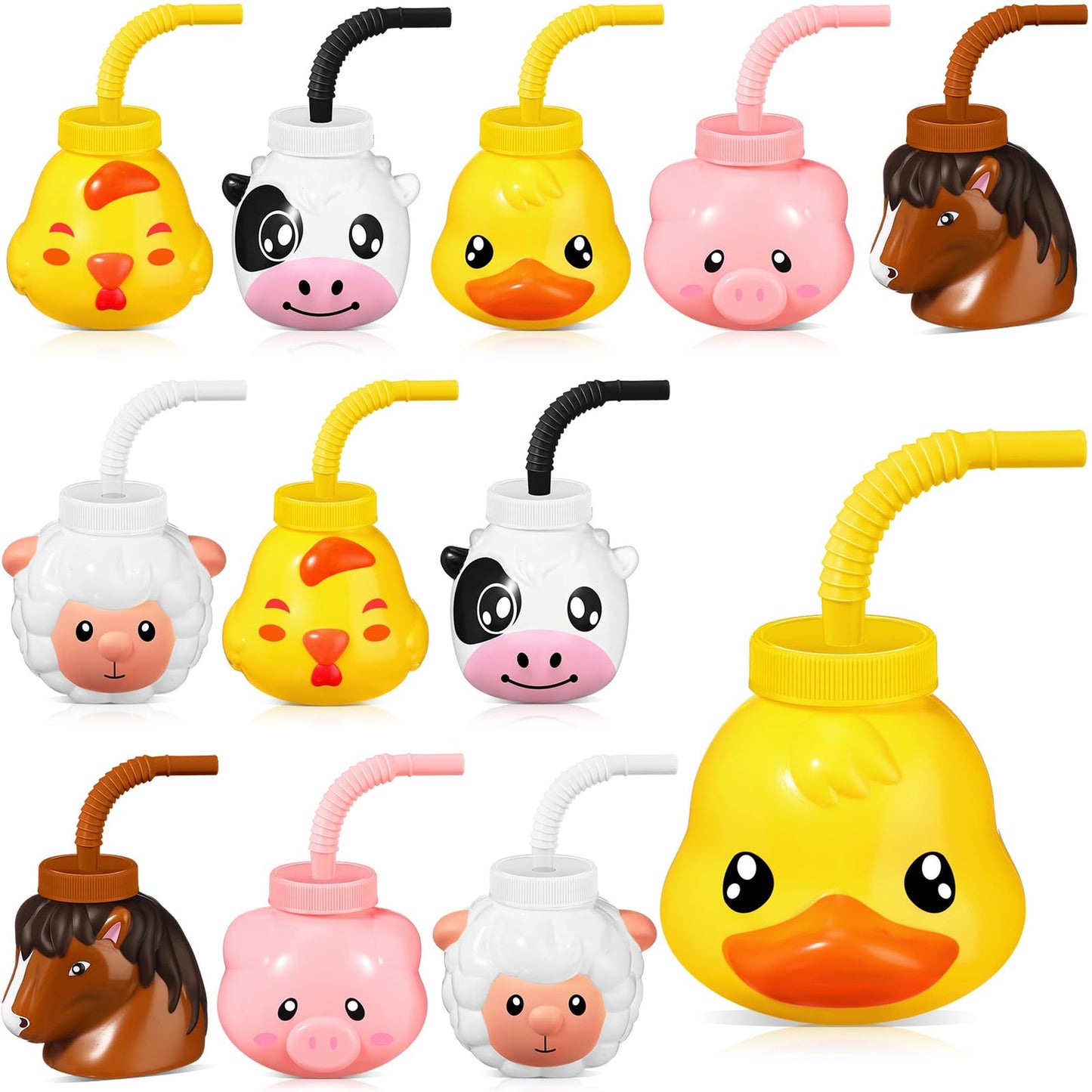 Farm Fun Sipper Set - 11 oz Reusable Animal Cups with Straws & Lids for Kids Birthday Party - Pig, Sheep, Chicken, Duck, Horse, Cow Theme - 12 Pack