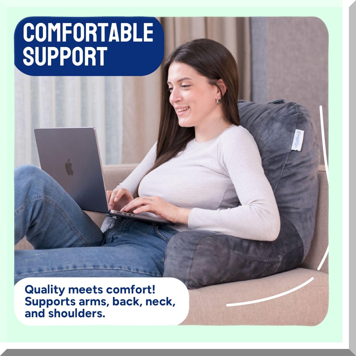 ComfortMax Backrest Pillow - Adult Size Reading Pillow with Arms, Pockets, and Washable Cover - Ideal Back Pillow for Bedrest, GERD, Heartburn Relief - Grey Color