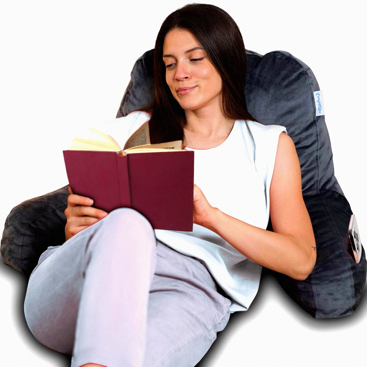 ComfortMax Backrest Pillow - Adult Size Reading Pillow with Arms, Pockets, and Washable Cover - Ideal Back Pillow for Bedrest, GERD, Heartburn Relief - Grey Color