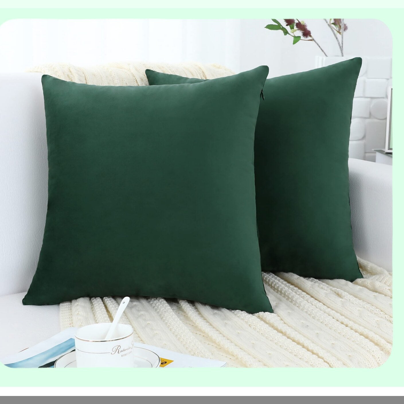 Luxury Plush Hunter Green Velvet Pillow Covers - Set of 2, Soft Decorative Cushion Cases for Sofa, Couch, Bedroom - 20x20 Inches Square Cozy Throw Pillows