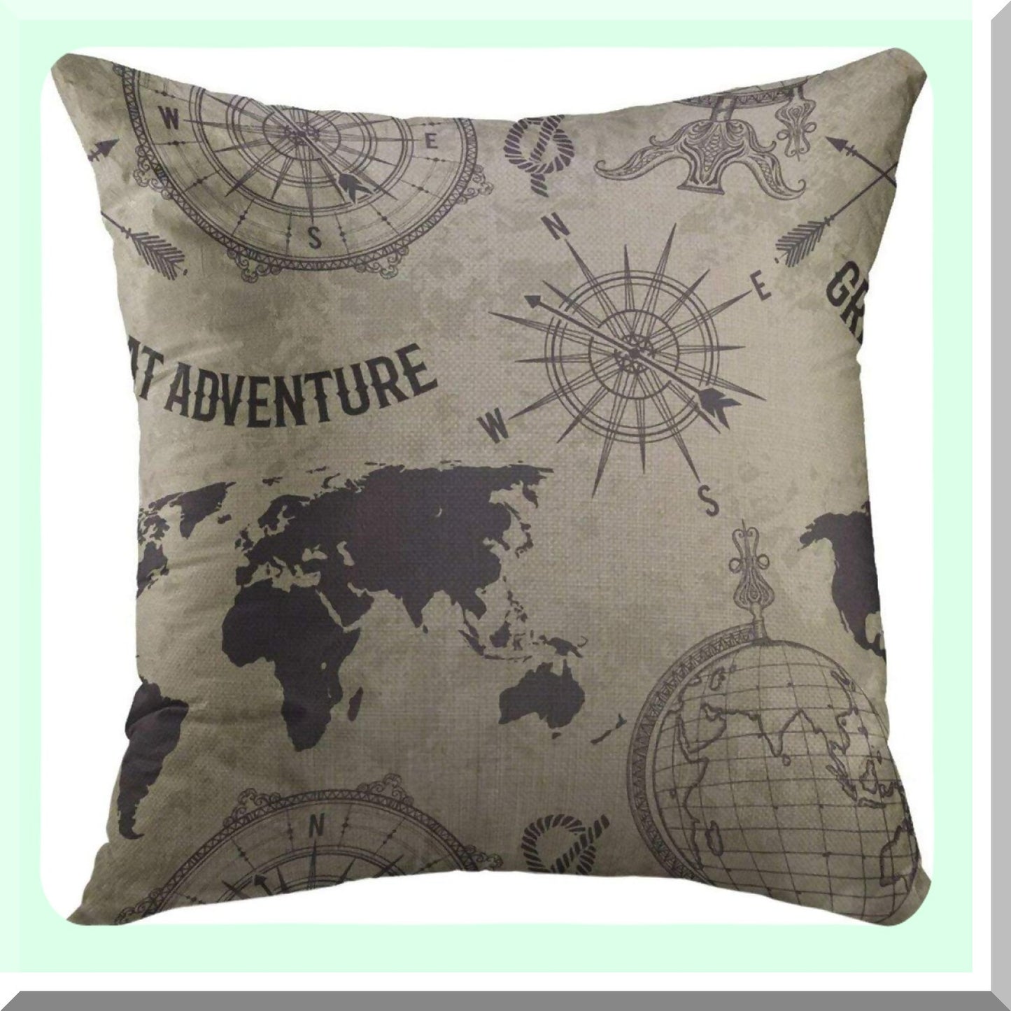 Adventure Map Sketch Throw Pillow Cover - Vintage Globe World Map Wind Rose Retro Grunge Home Decor Case for Couch Sofa 18x18 Inch
