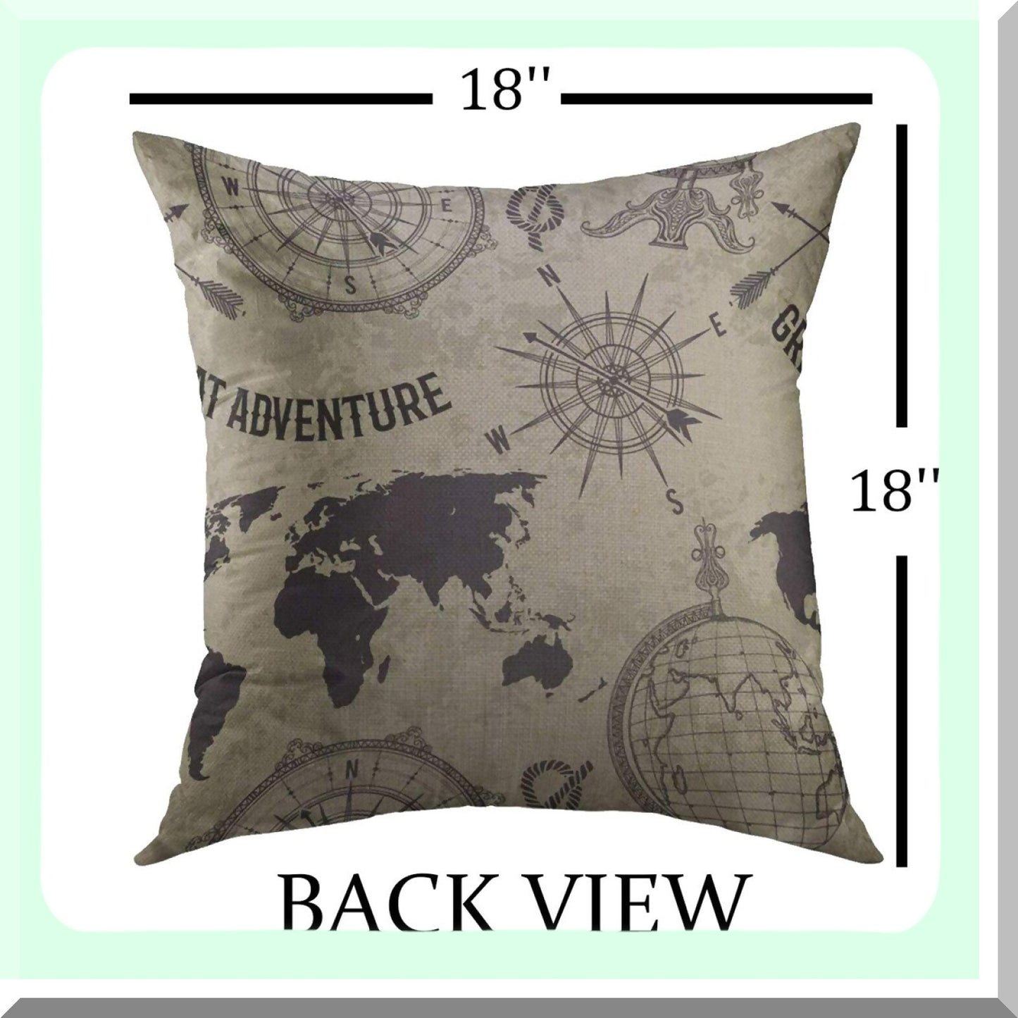 Adventure Map Sketch Throw Pillow Cover - Vintage Globe World Map Wind Rose Retro Grunge Home Decor Case for Couch Sofa 18x18 Inch
