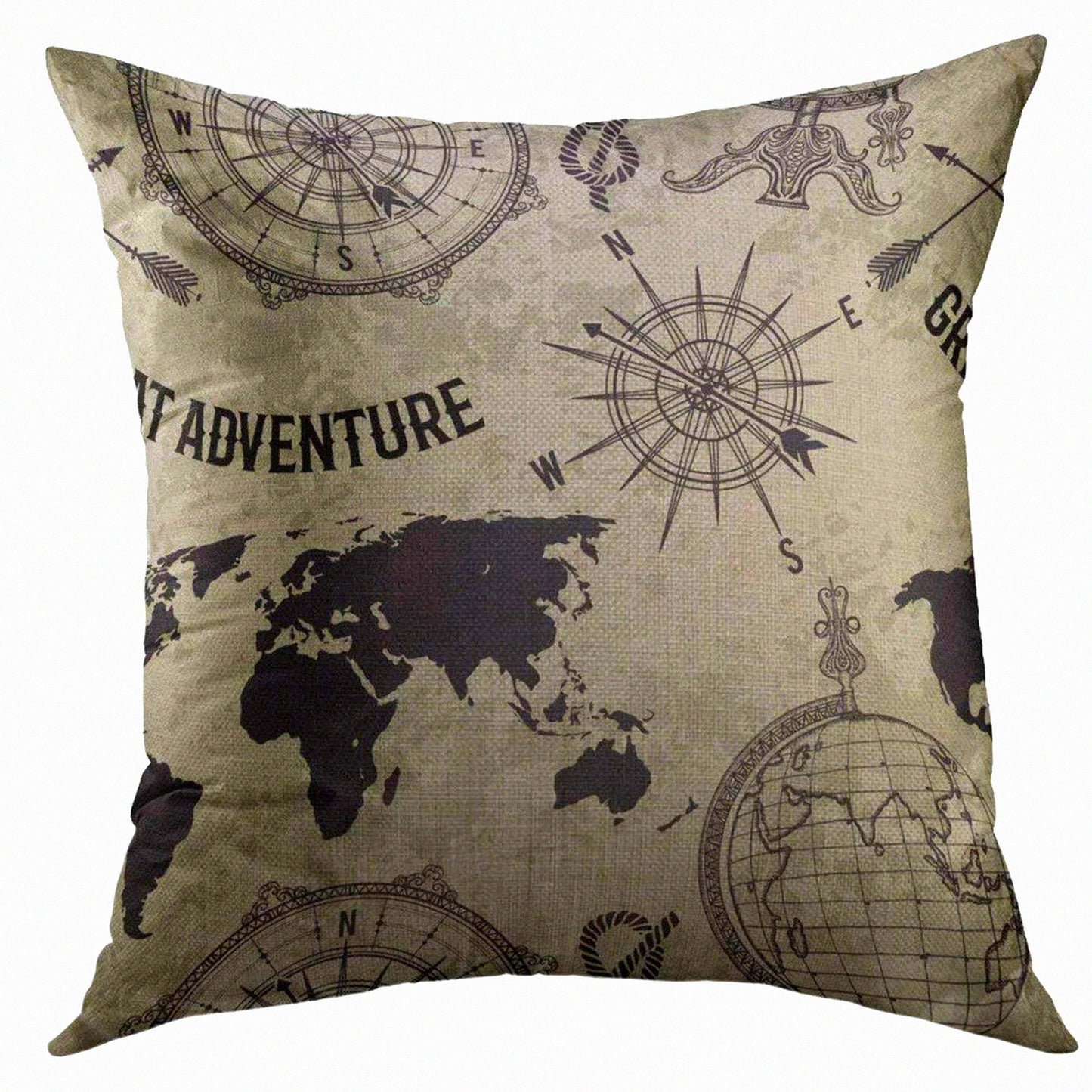 Adventure Map Sketch Throw Pillow Cover - Vintage Globe World Map Wind Rose Retro Grunge Home Decor Case for Couch Sofa 18x18 Inch
