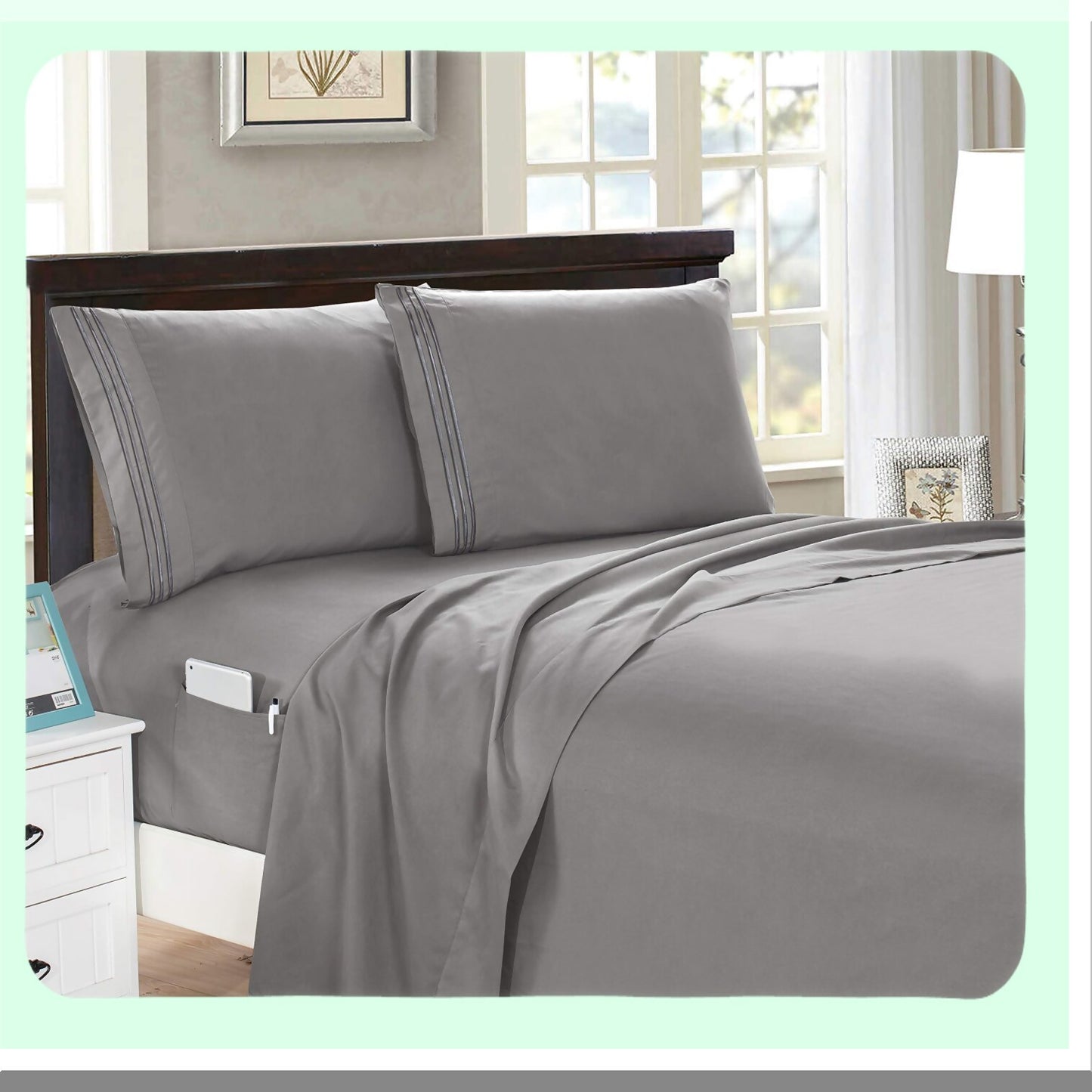 Deep Pocket Smart Sheet Set - 4-Piece Microfiber Twin XL Gray - Wrinkle & Fade Resistant - Silky Soft 1500 Thread Count - Side Storage Pockets