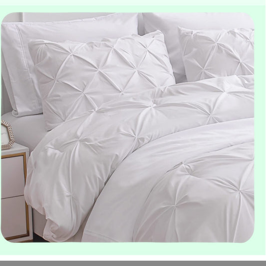 Luxury White Pintuck Queen Bedding Set - 7 Piece Comforter Bed in a Bag - Pinch Pleated Soft Bed Set with Sheets, Pillowcases, Shams - Queen Size