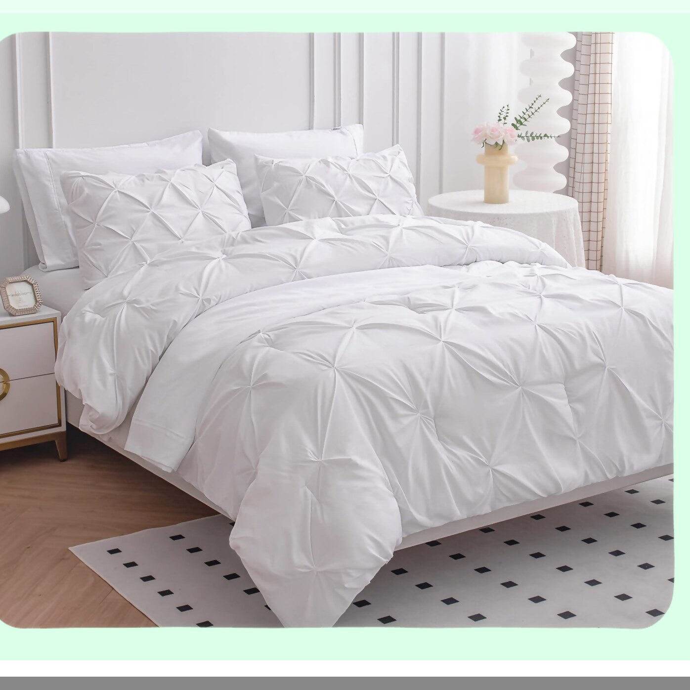 Luxury White Pintuck Queen Bedding Set - 7 Piece Comforter Bed in a Bag - Pinch Pleated Soft Bed Set with Sheets, Pillowcases, Shams - Queen Size