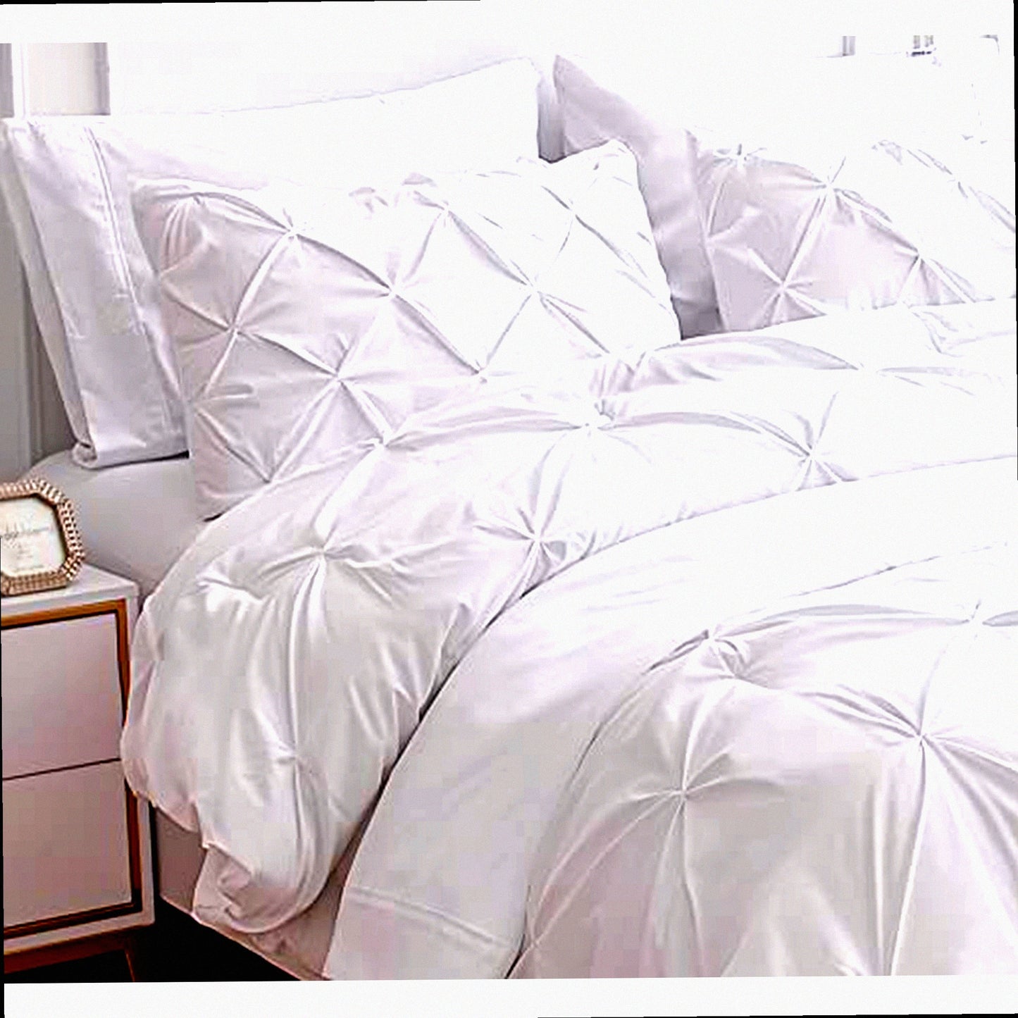 Luxury White Pintuck Queen Bedding Set - 7 Piece Comforter Bed in a Bag - Pinch Pleated Soft Bed Set with Sheets, Pillowcases, Shams - Queen Size