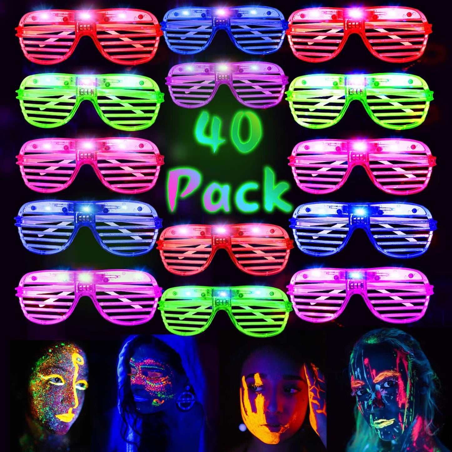 40 Pack Glow in The Dark LED Party Glasses