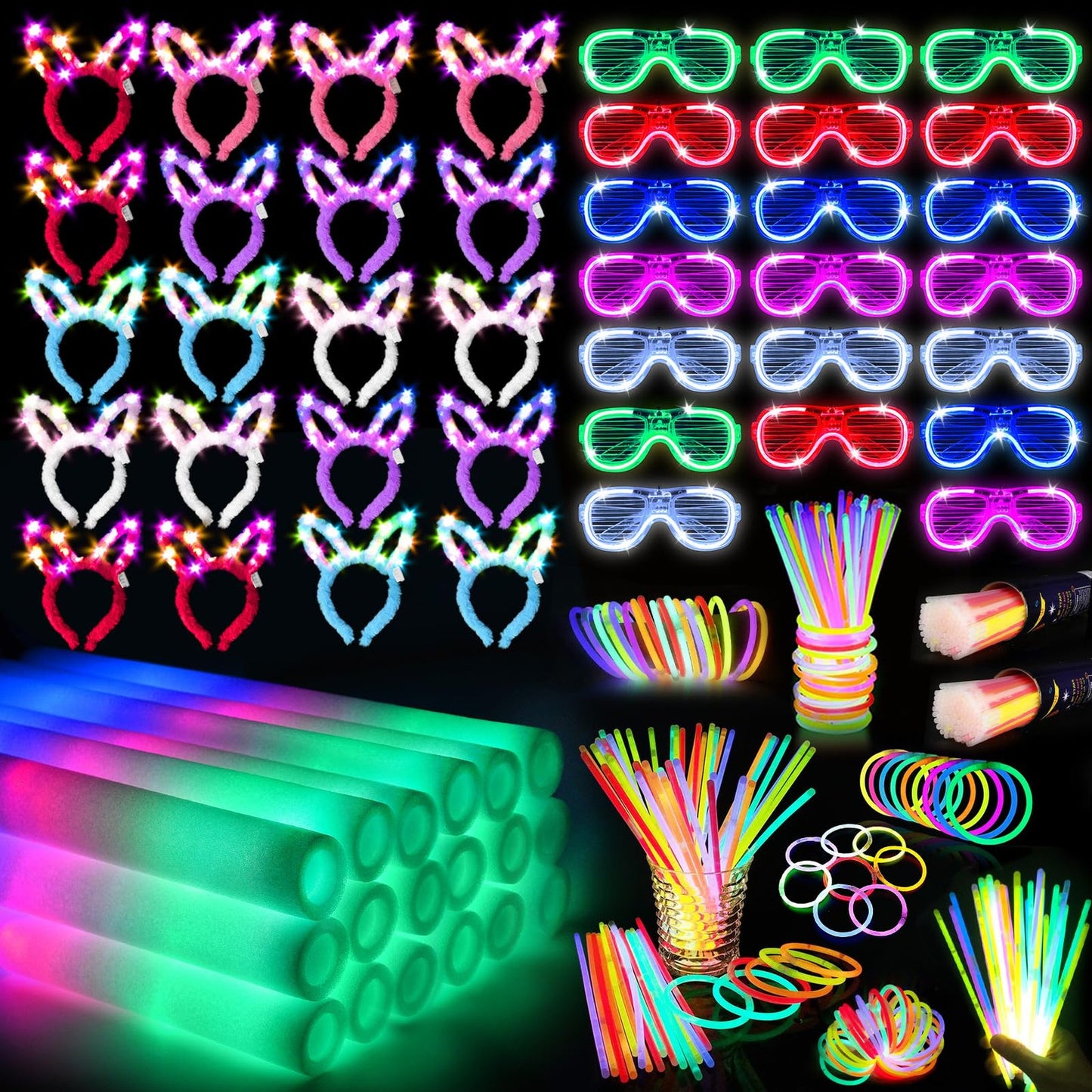 Glow Party Pack - 260PCS Glow Sticks, LED Glasses, Bunny Ear Headband, Foam Glow Sticks & Neon Party Supplies for Kids and Adults - Fun and Bright Glow in the Dark Favors