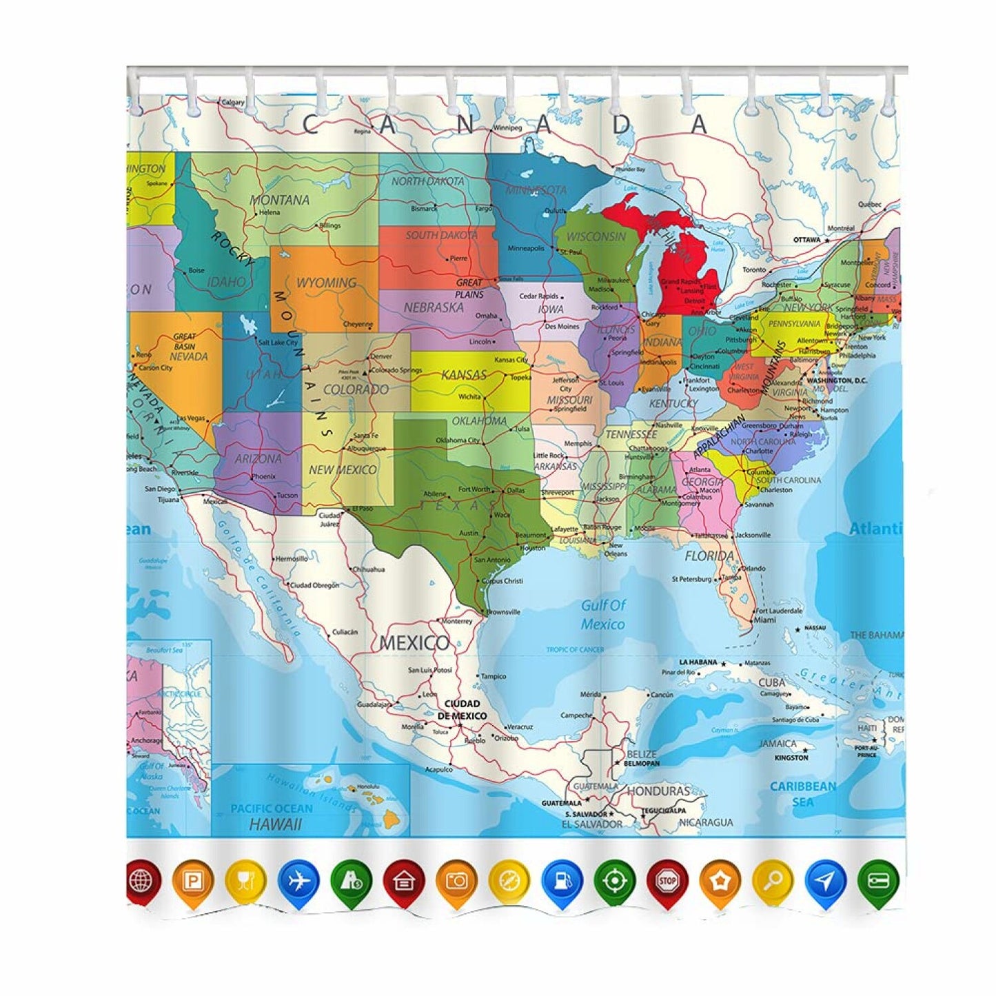 USA Political Road Map Shower Curtain 72x72 Inches
