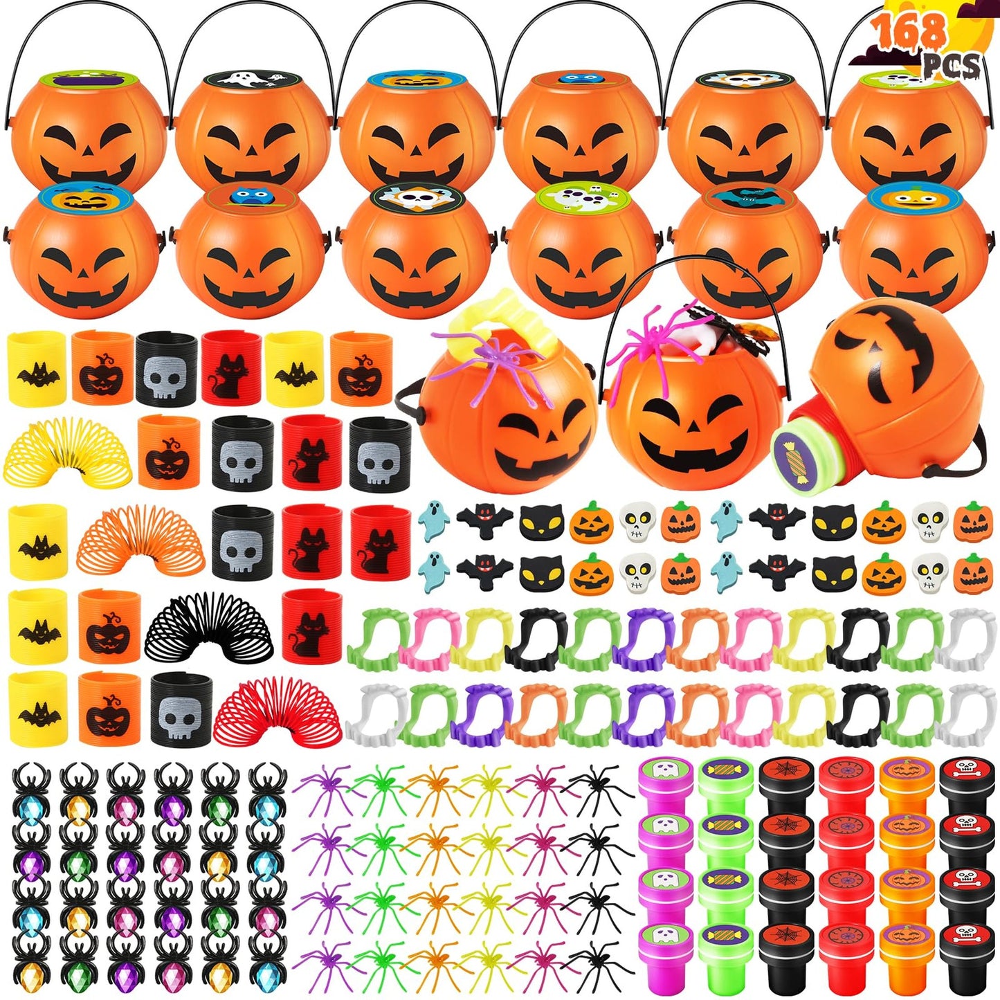 Pumpkin Party Pack - 168pc Kids Favors & Prizes Set: Small Plastic Toys, Goodie Bag Fillers, Trick Or Treat Gifts. Bulk Halloween Fun!