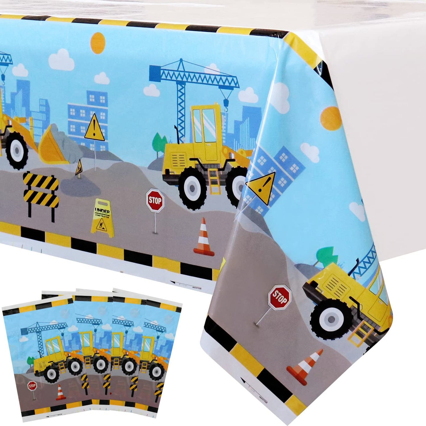 Construction Party Table Covers - Set of 4 Disposable Plastic Tablecloths 86''x 51'' - Construction Themed Birthday Party Decor Supplies for Kids