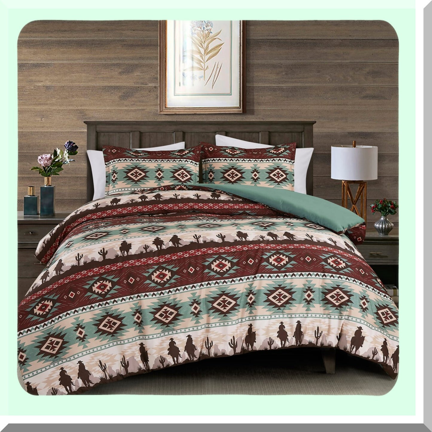 Southwestern Cowboys Comforter Set - Full Size Teal Brown Beige Tan Red Microfiber Bedding - Audun 3-Piece Printed Washed Set
