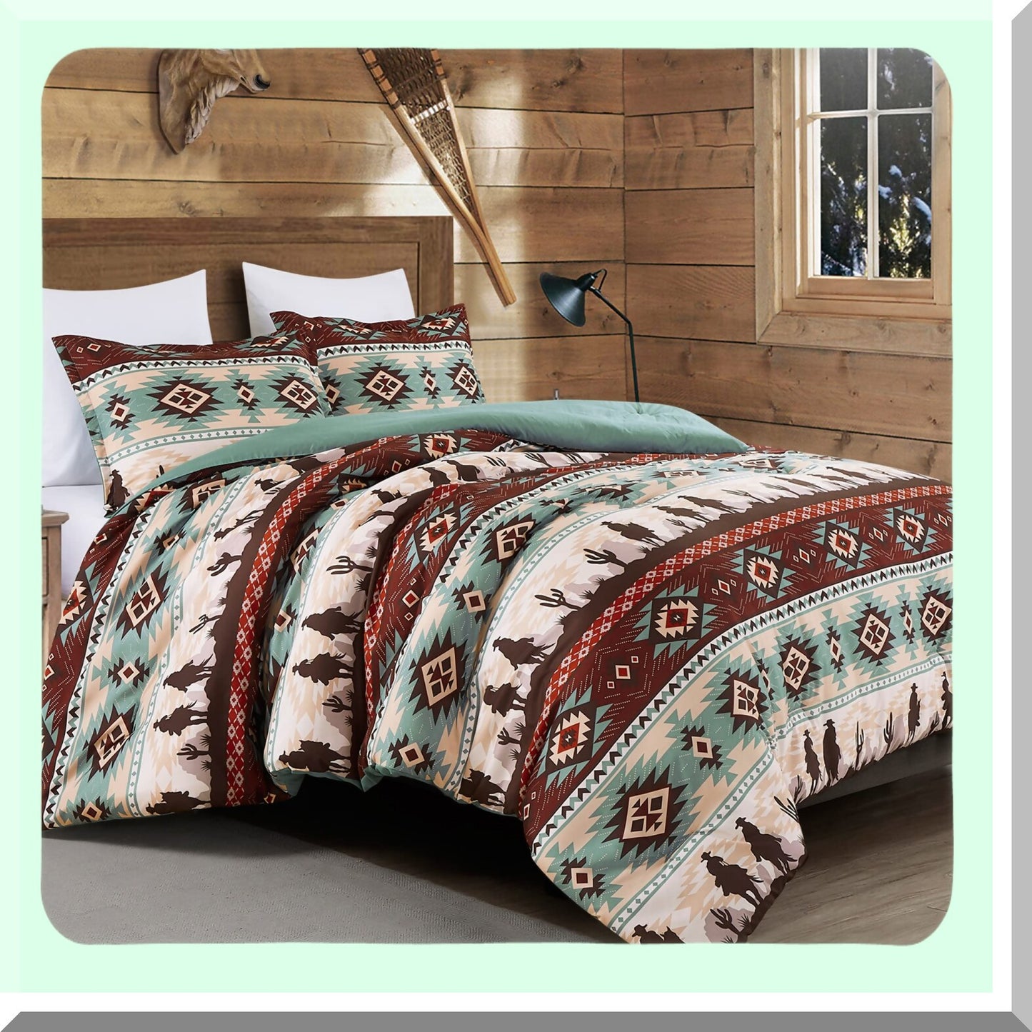 Southwestern Cowboys Comforter Set - Full Size Teal Brown Beige Tan Red Microfiber Bedding - Audun 3-Piece Printed Washed Set