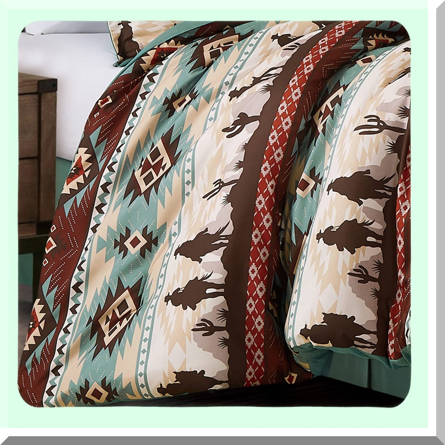 Southwestern Cowboys Comforter Set - Full Size Teal Brown Beige Tan Red Microfiber Bedding - Audun 3-Piece Printed Washed Set