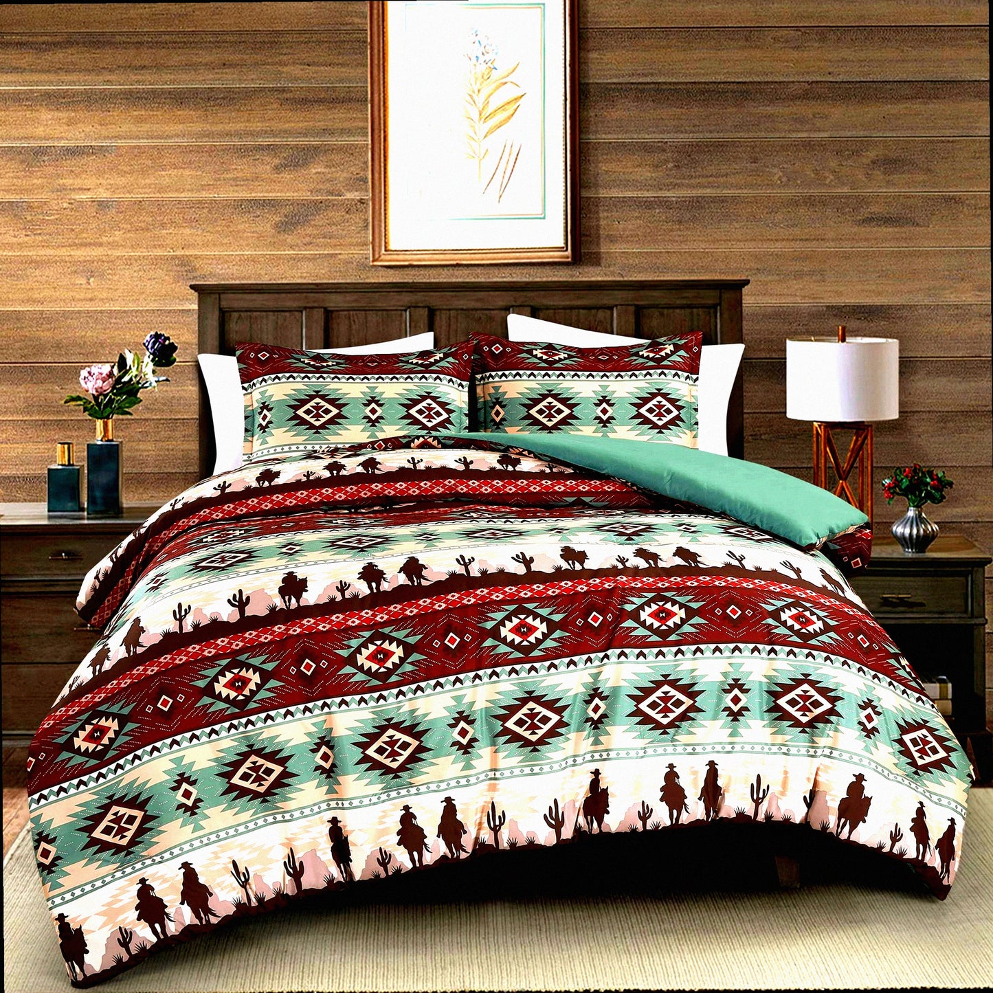 Southwestern Cowboys Comforter Set - Full Size Teal Brown Beige Tan Red Microfiber Bedding - Audun 3-Piece Printed Washed Set