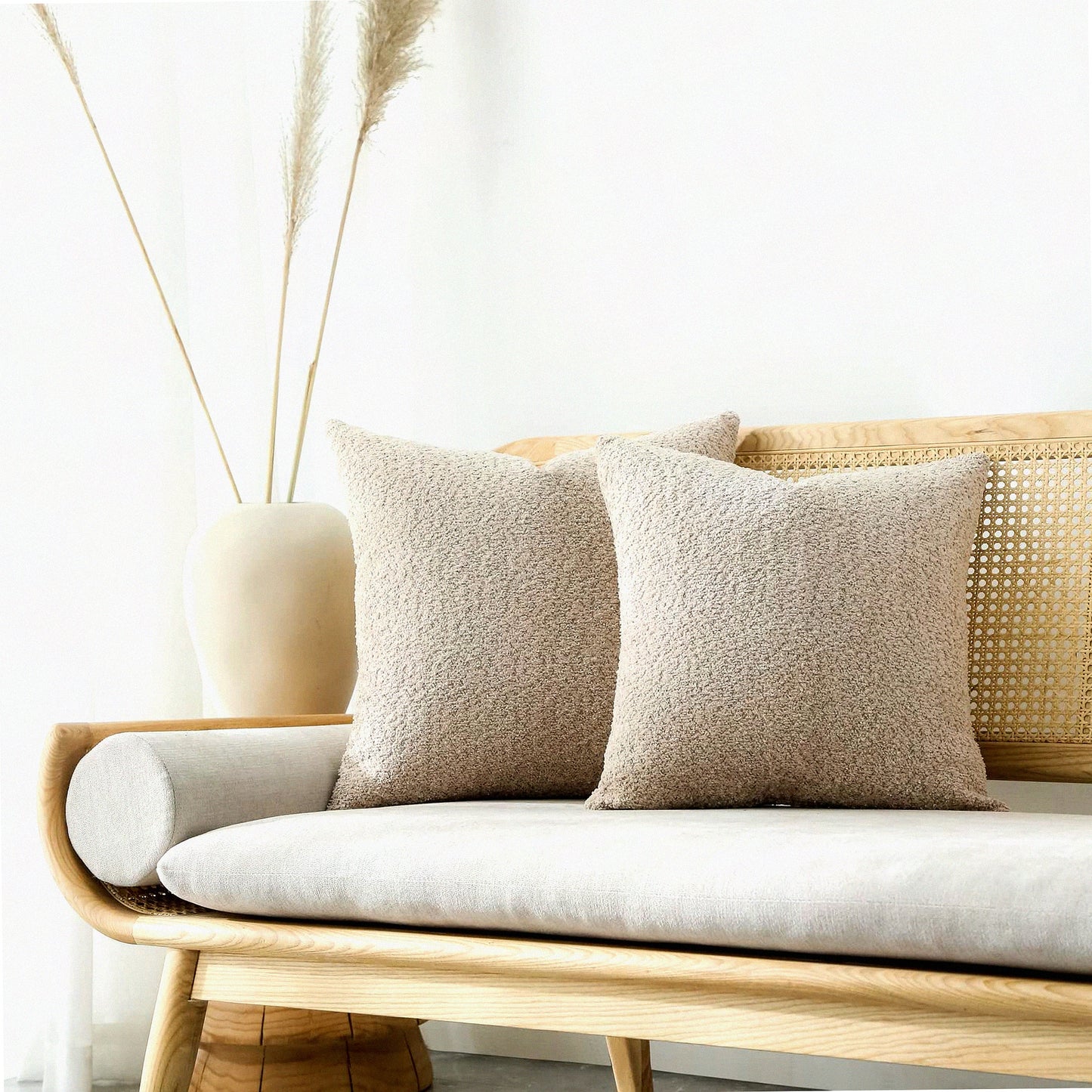 Rustic Farmhouse Textured Throw Pillow Covers - Set of 2 Neutral Accent Cushion Cases for Bed and Couch - Decorative Pillows for Living Room 18x18, Beige