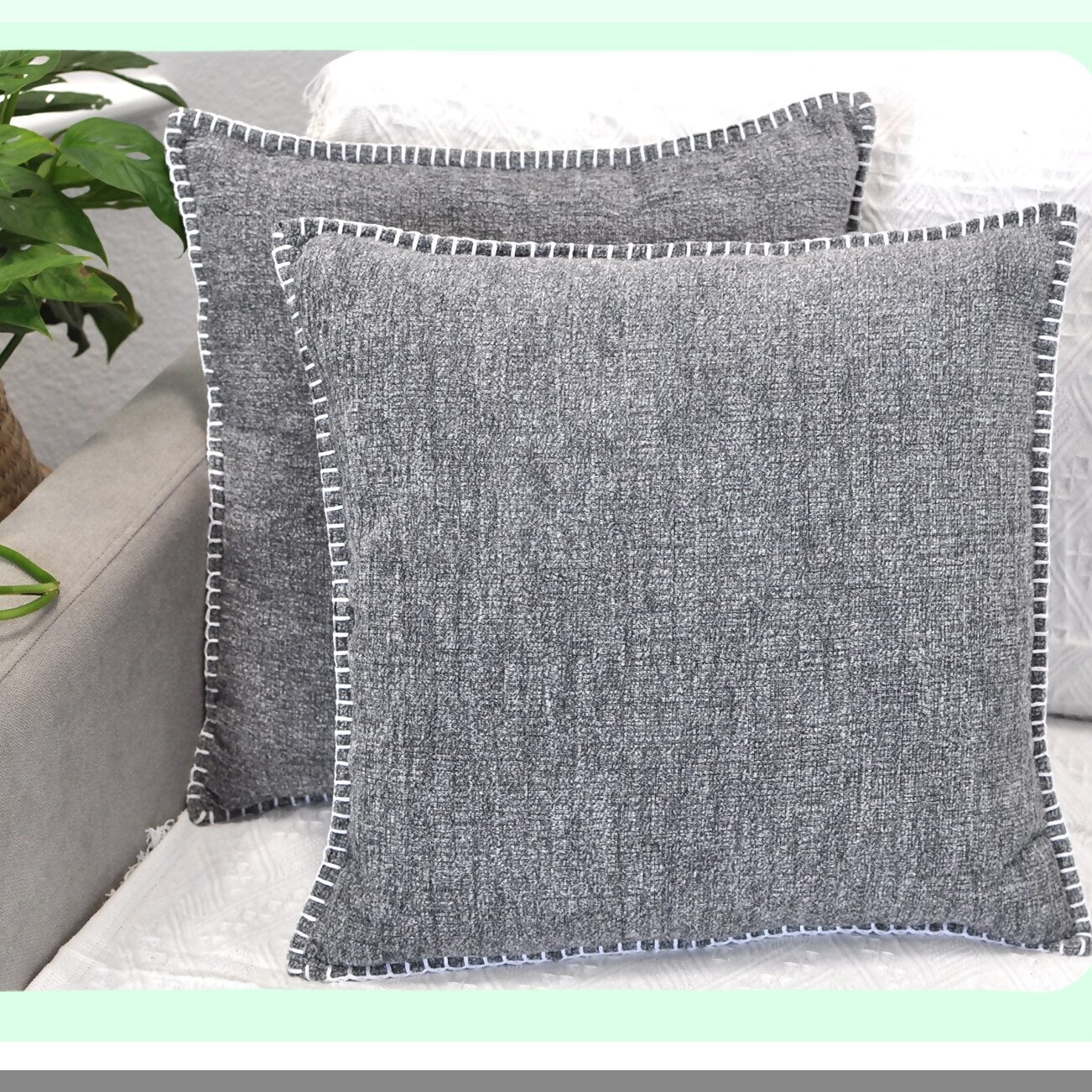 Velvet Chenille Farmhouse Throw Pillow Covers - Heather Dark Grey 20x20 Set of 2 - Soft Textured Cushion Covers for Living Room, Chairs, Couch - Stitched Edge Decor
