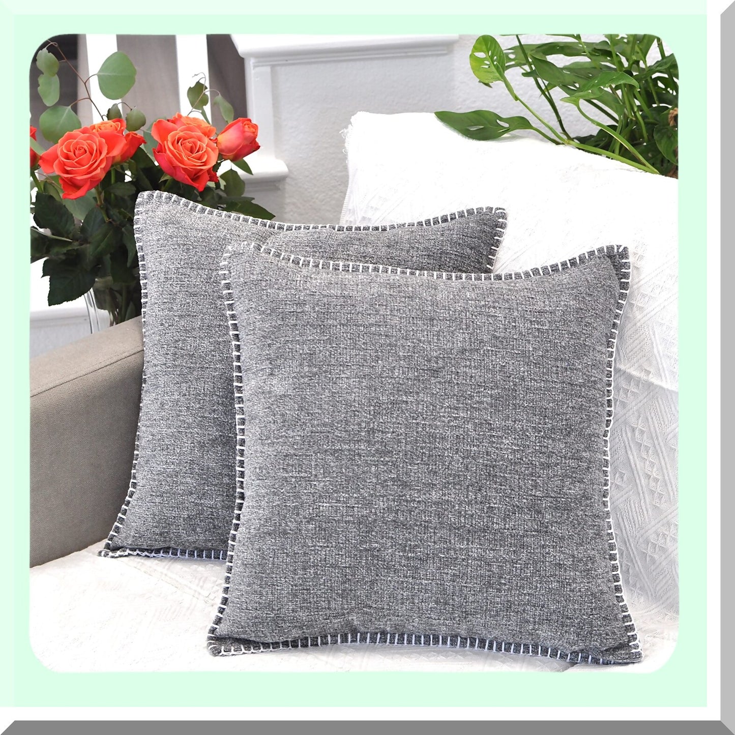 Velvet Chenille Farmhouse Throw Pillow Covers - Heather Dark Grey 20x20 Set of 2 - Soft Textured Cushion Covers for Living Room, Chairs, Couch - Stitched Edge Decor