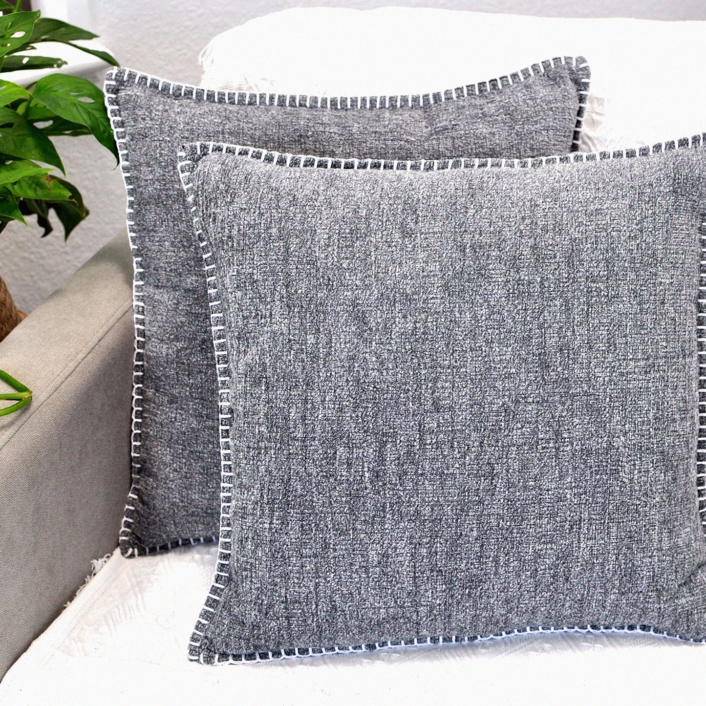 Velvet Chenille Farmhouse Throw Pillow Covers - Heather Dark Grey 20x20 Set of 2 - Soft Textured Cushion Covers for Living Room, Chairs, Couch - Stitched Edge Decor