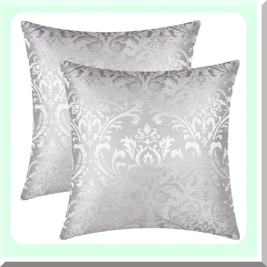 Vintage Damask Floral Throw Pillow Covers - Set of 2 Shining Dull Contrast Cases for Couch Sofa Home Decoration, 18 X 18 Inches Silver Gray