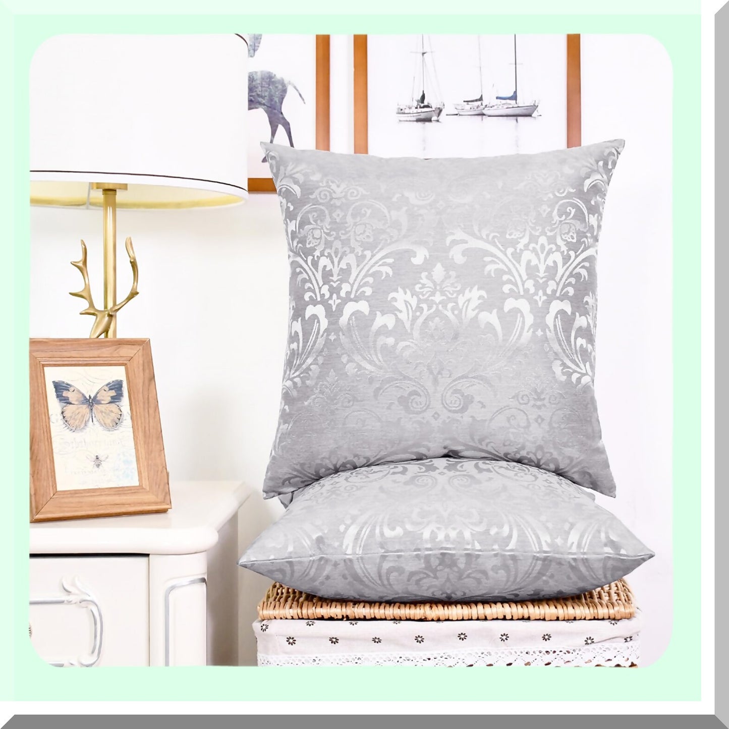Vintage Damask Floral Throw Pillow Covers - Set of 2 Shining Dull Contrast Cases for Couch Sofa Home Decoration, 18 X 18 Inches Silver Gray