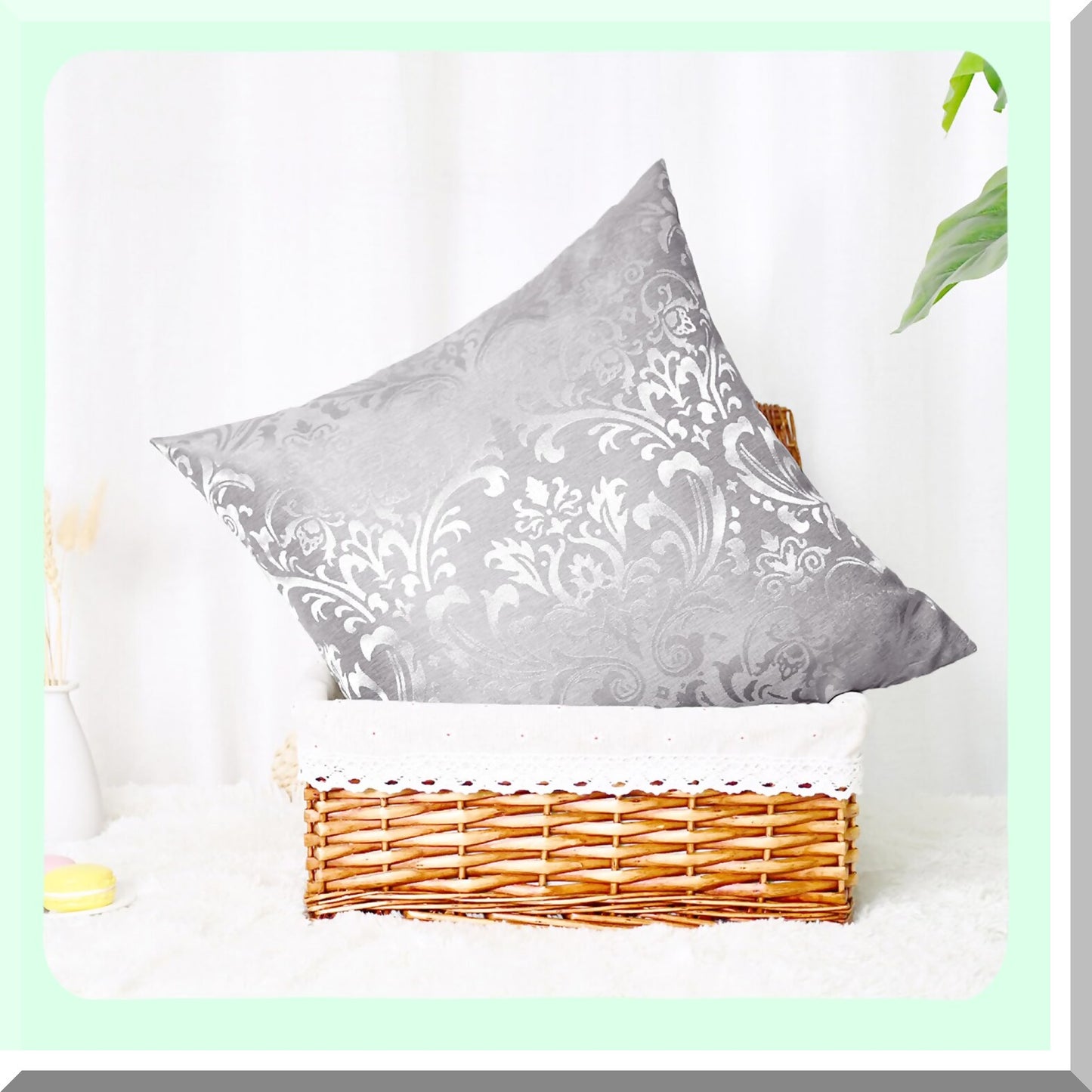 Vintage Damask Floral Throw Pillow Covers - Set of 2 Shining Dull Contrast Cases for Couch Sofa Home Decoration, 18 X 18 Inches Silver Gray