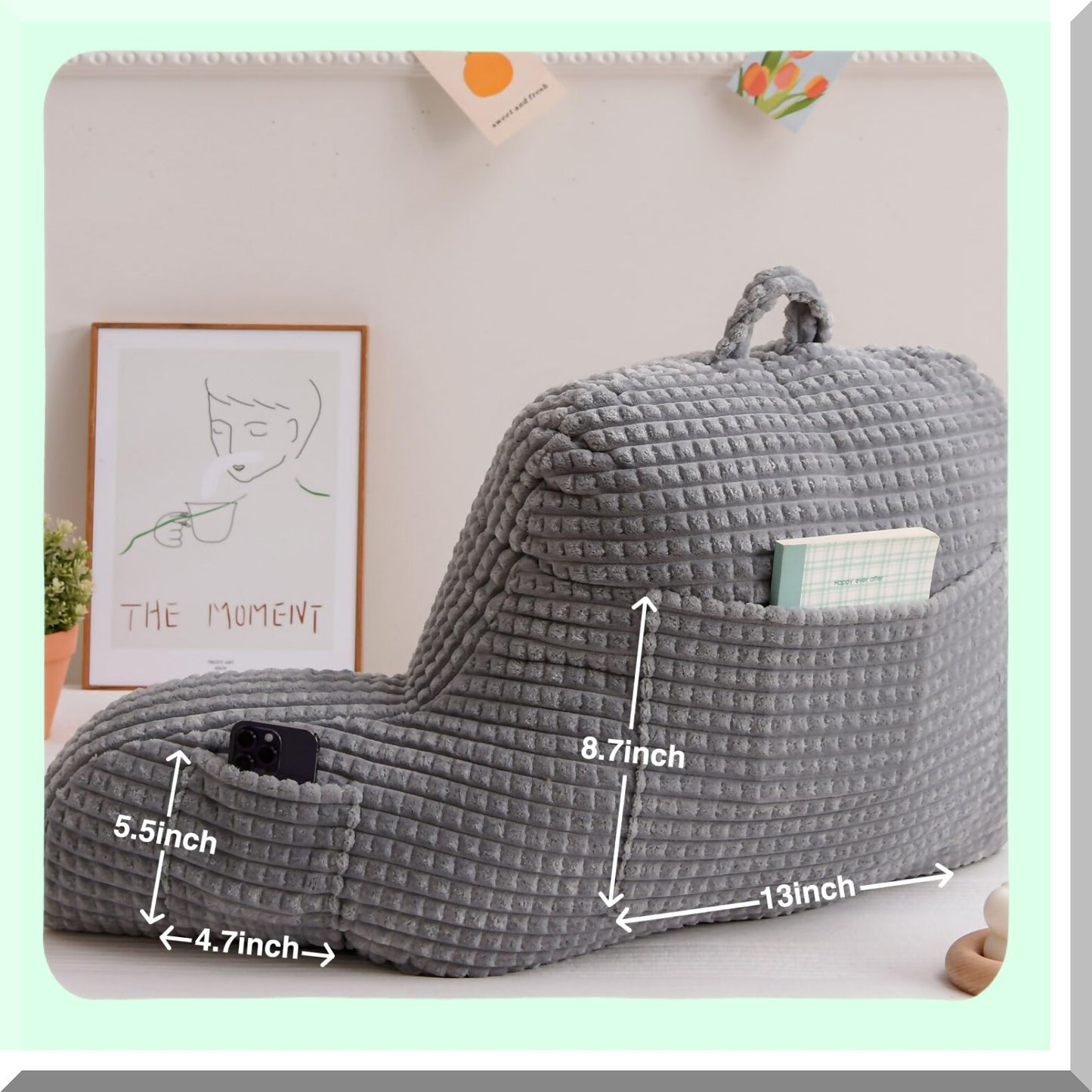 ComfortMax Backrest Pillow - Large Adult Reading Bed Wedge with Arms Support for Sitting Up in Bed/Couch. Lounging Bedrest with Waffle Stereoscopic Design in Grey.