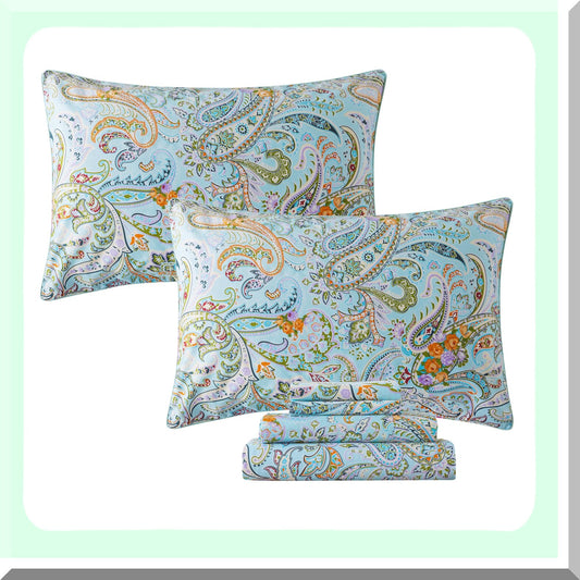 Boho Bliss Paisley Twin Sheet Set - Luxurious Blue Bohemian Damask Bedding with Ultra Soft Cotton, Breathable Fabric, 17.5'' Deep Pocket Fitted Sheet - 4 Piece Twin Size Bed Sheet Set