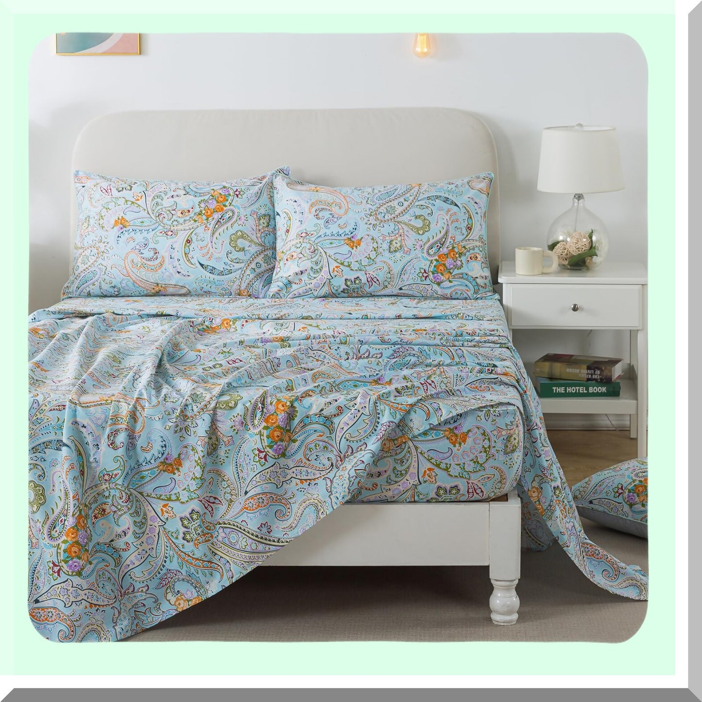 Boho Bliss Paisley Twin Sheet Set - Luxurious Blue Bohemian Damask Bedding with Ultra Soft Cotton, Breathable Fabric, 17.5'' Deep Pocket Fitted Sheet - 4 Piece Twin Size Bed Sheet Set