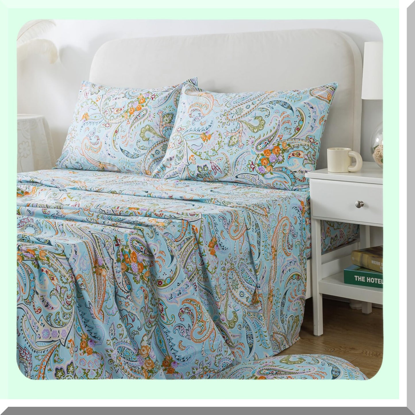 Boho Bliss Paisley Twin Sheet Set - Luxurious Blue Bohemian Damask Bedding with Ultra Soft Cotton, Breathable Fabric, 17.5'' Deep Pocket Fitted Sheet - 4 Piece Twin Size Bed Sheet Set