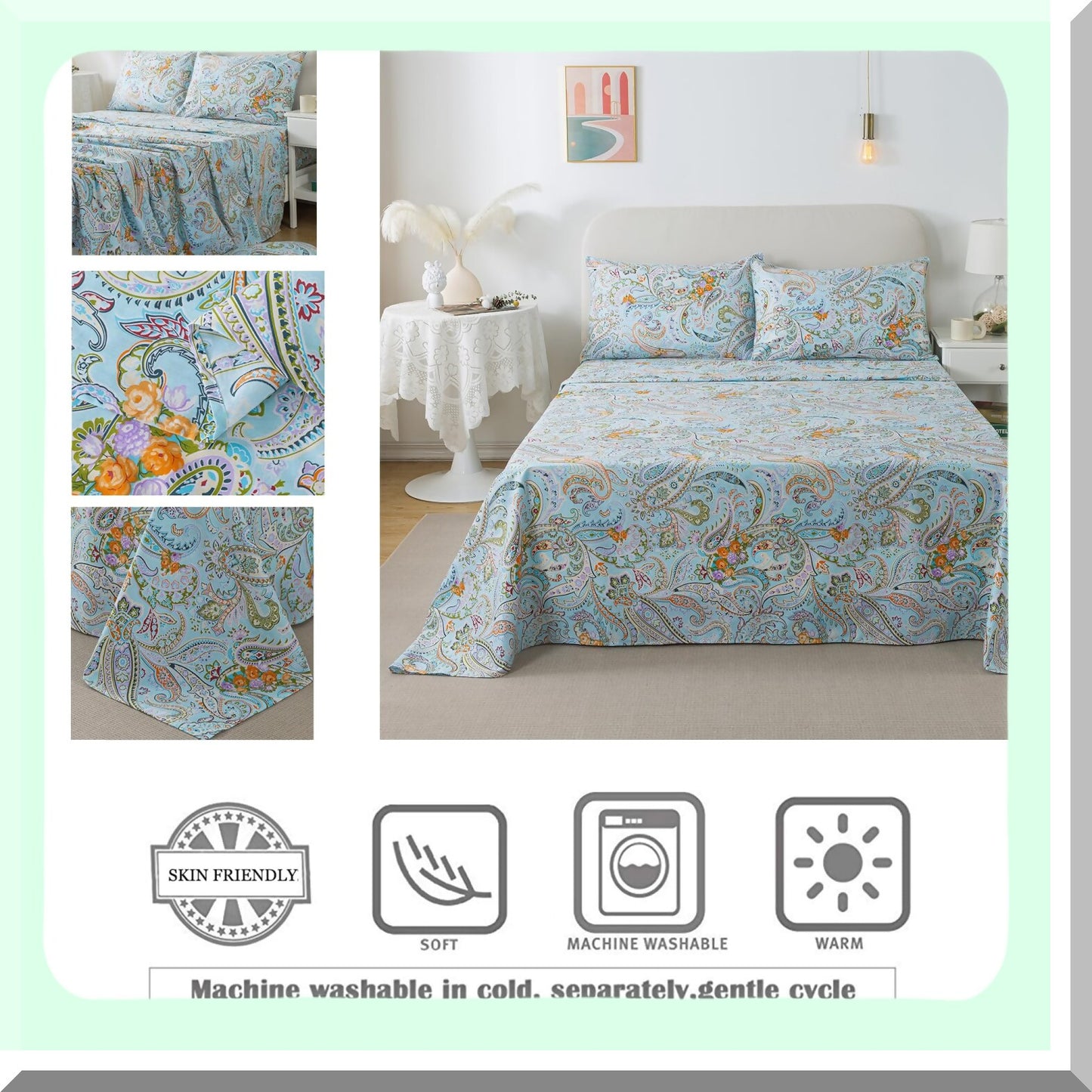 Boho Bliss Paisley Twin Sheet Set - Luxurious Blue Bohemian Damask Bedding with Ultra Soft Cotton, Breathable Fabric, 17.5'' Deep Pocket Fitted Sheet - 4 Piece Twin Size Bed Sheet Set