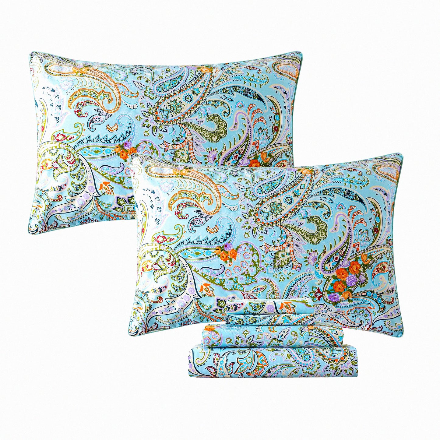 Boho Bliss Paisley Twin Sheet Set - Luxurious Blue Bohemian Damask Bedding with Ultra Soft Cotton, Breathable Fabric, 17.5'' Deep Pocket Fitted Sheet - 4 Piece Twin Size Bed Sheet Set