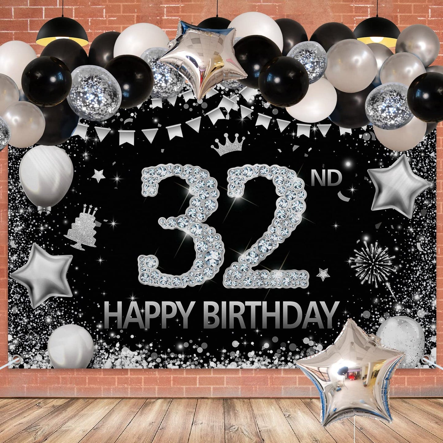 32nd Birthday Balloon Arch Kit - Silver & Black Glitter Cheers Backdrop Banner Decor Set for Men & Women - Party Theme Decorations Supplies