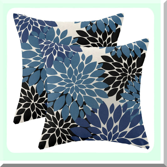 Navy Blue Black Dahlia Floral Pillow Covers - Set of 2 18x18 Inch Modern Geometry Flower Throw Pillows - Summer Outdoor Decorative Cushion Cases for Sofa Bed