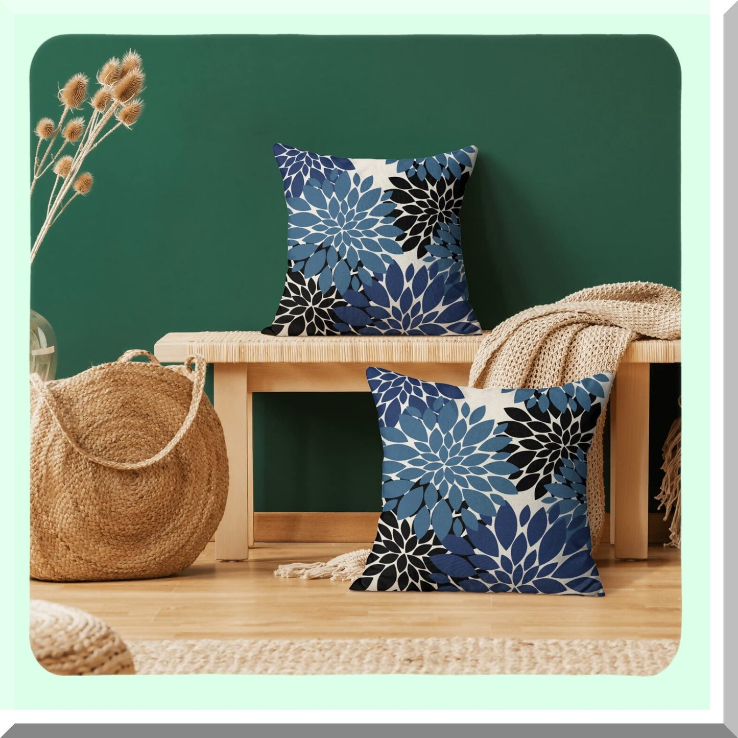 Navy Blue Black Dahlia Floral Pillow Covers - Set of 2 18x18 Inch Modern Geometry Flower Throw Pillows - Summer Outdoor Decorative Cushion Cases for Sofa Bed