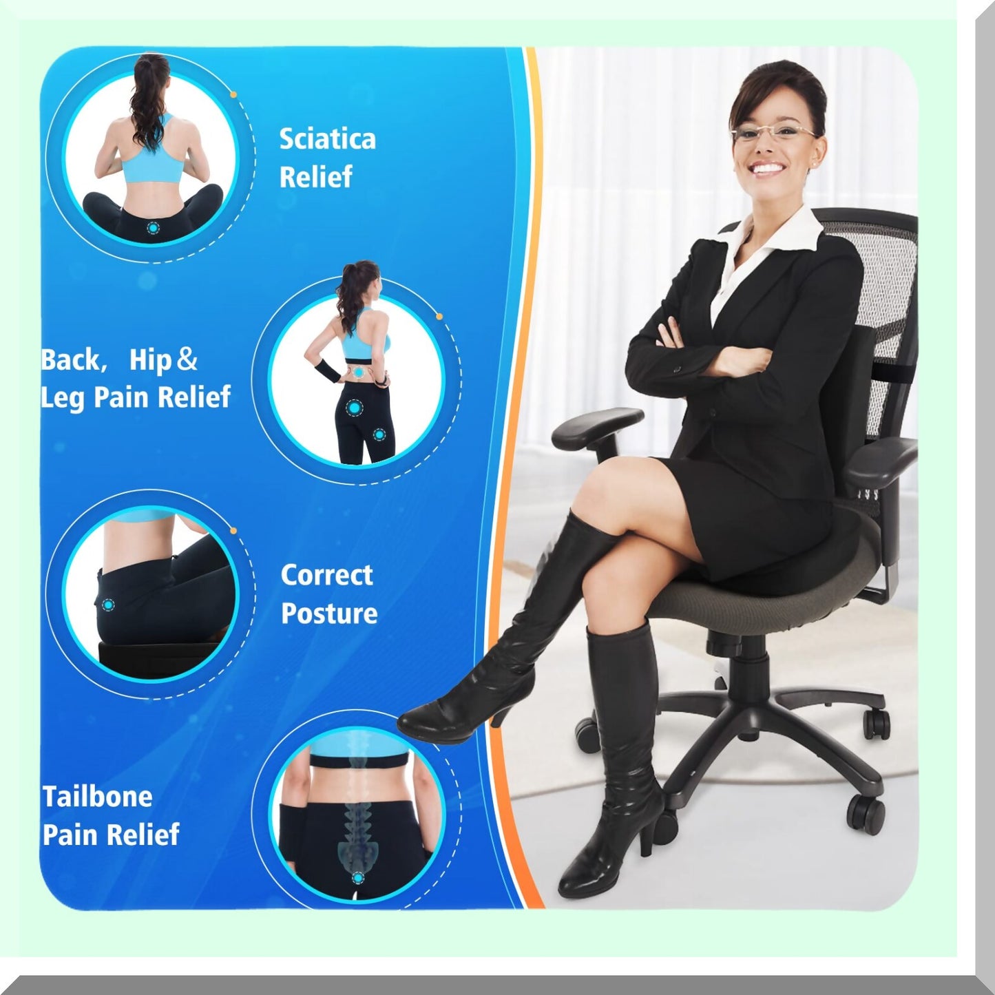 MemoryFoam ComfortSeat - Adjustable Lumbar Support Pillow for Sciatica Pain Relief. Washable Cover, Ideal for Car, Travel, Wheelchair. Black.