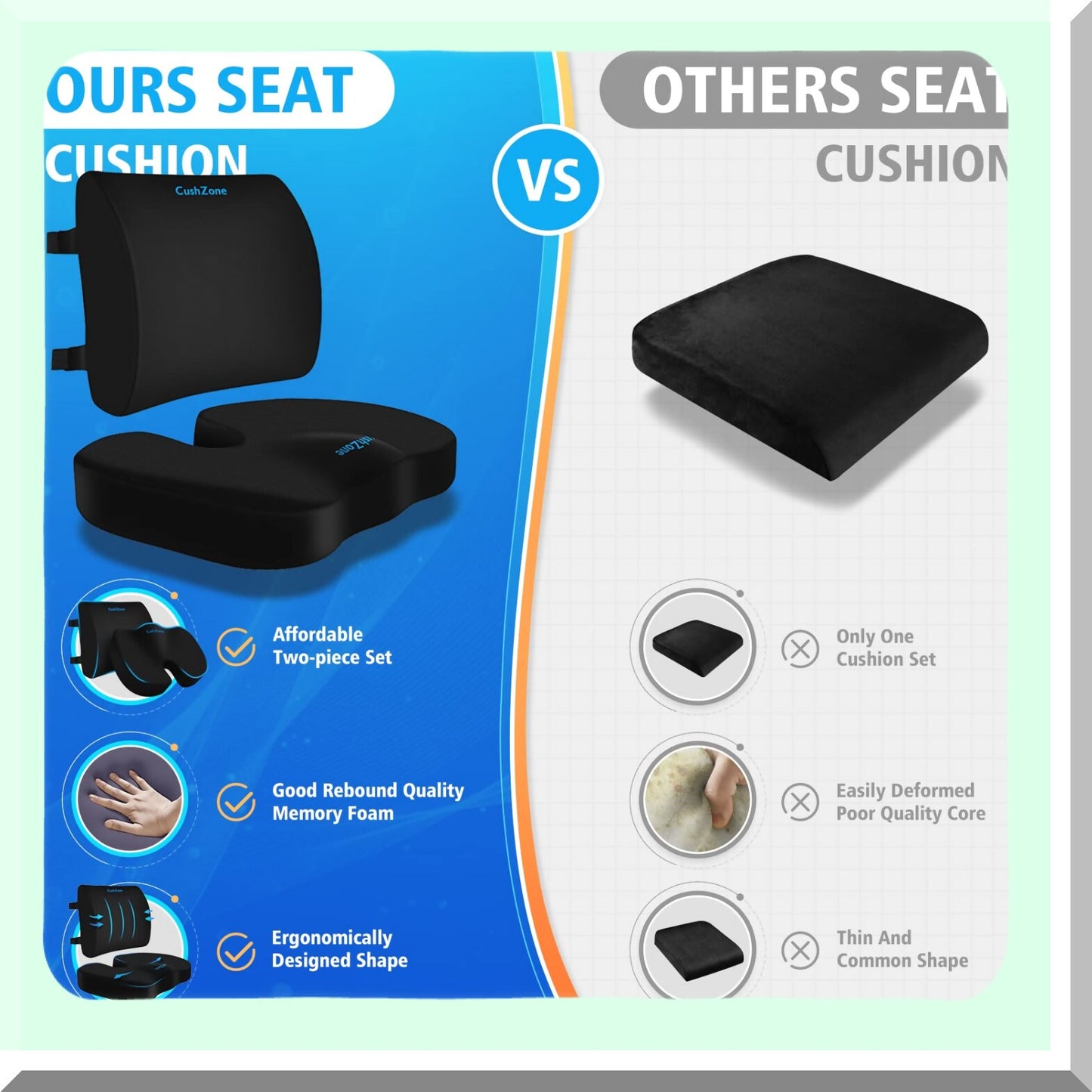 MemoryFoam ComfortSeat - Adjustable Lumbar Support Pillow for Sciatica Pain Relief. Washable Cover, Ideal for Car, Travel, Wheelchair. Black.
