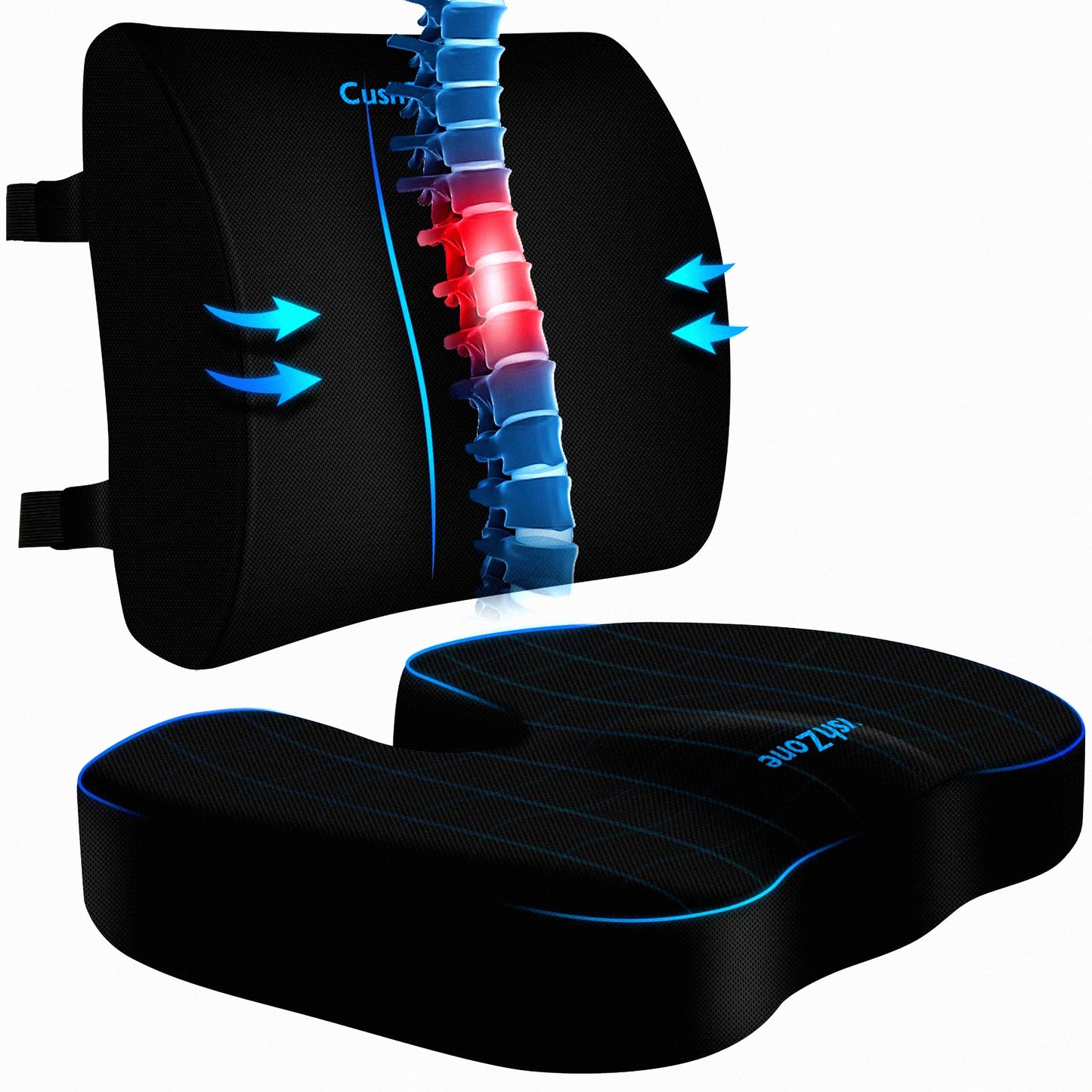 MemoryFoam ComfortSeat - Adjustable Lumbar Support Pillow for Sciatica Pain Relief. Washable Cover, Ideal for Car, Travel, Wheelchair. Black.