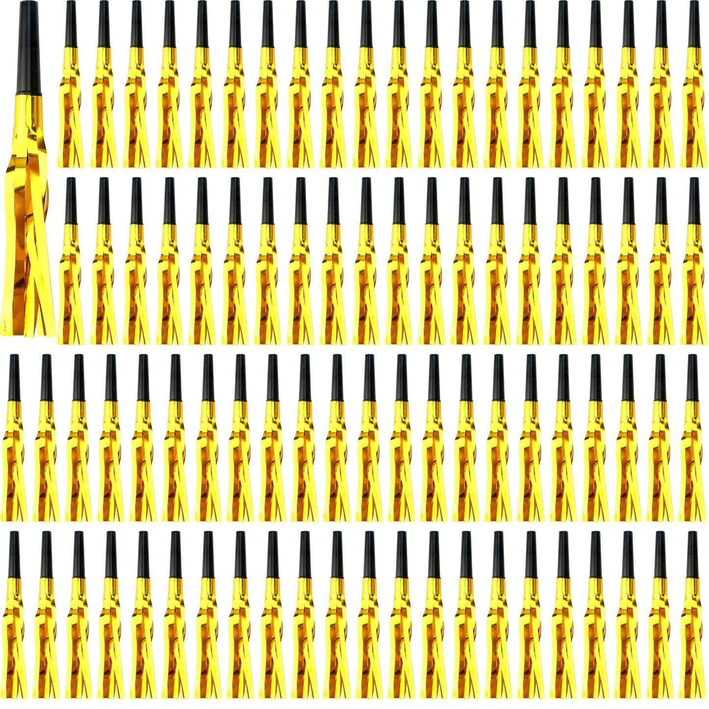 Glitter Gold Fringed Musical Blowouts - Party Horns for Kids Birthday & Holiday Celebrations - 102 Piece Noise Maker Set for Goodie Bags & Favors