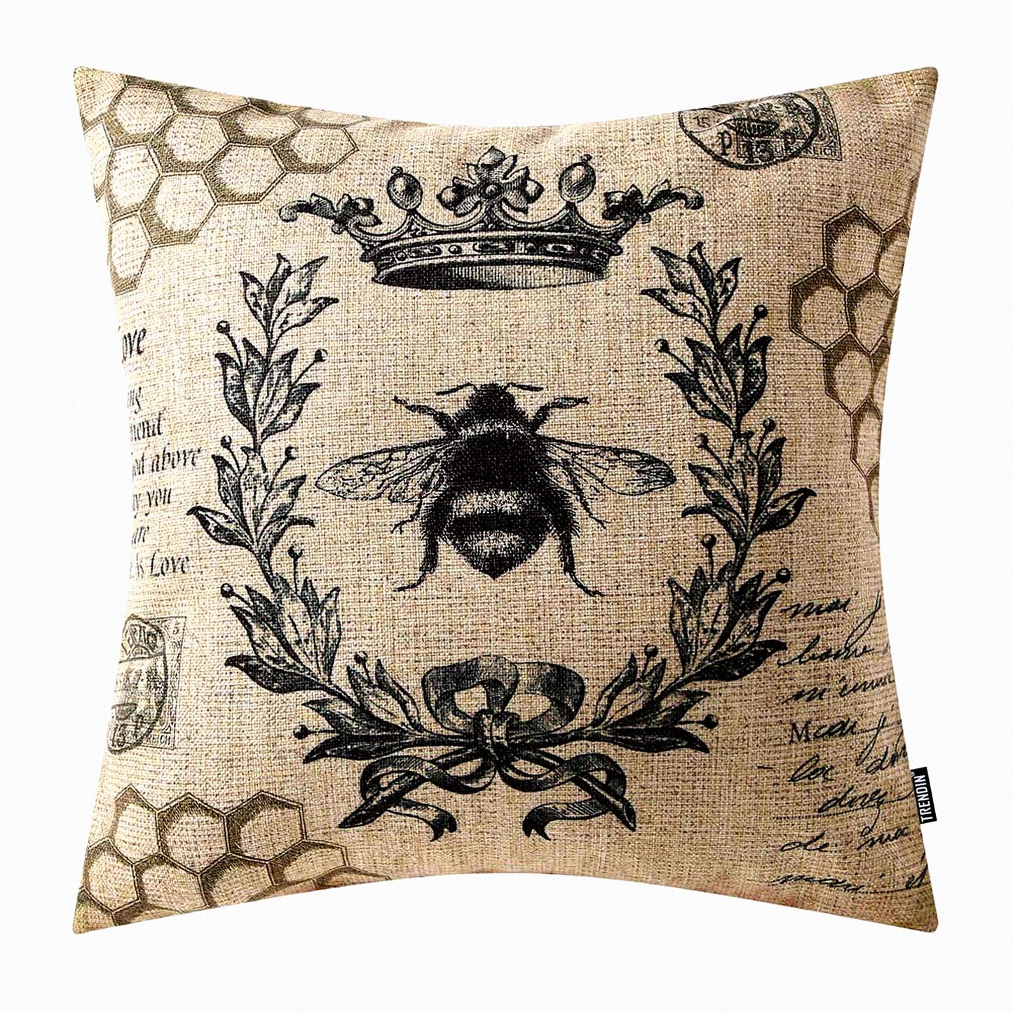 Farmhouse Bee Crown Pillowcase - Decorative Square Cushion Cover 18x18 Inch